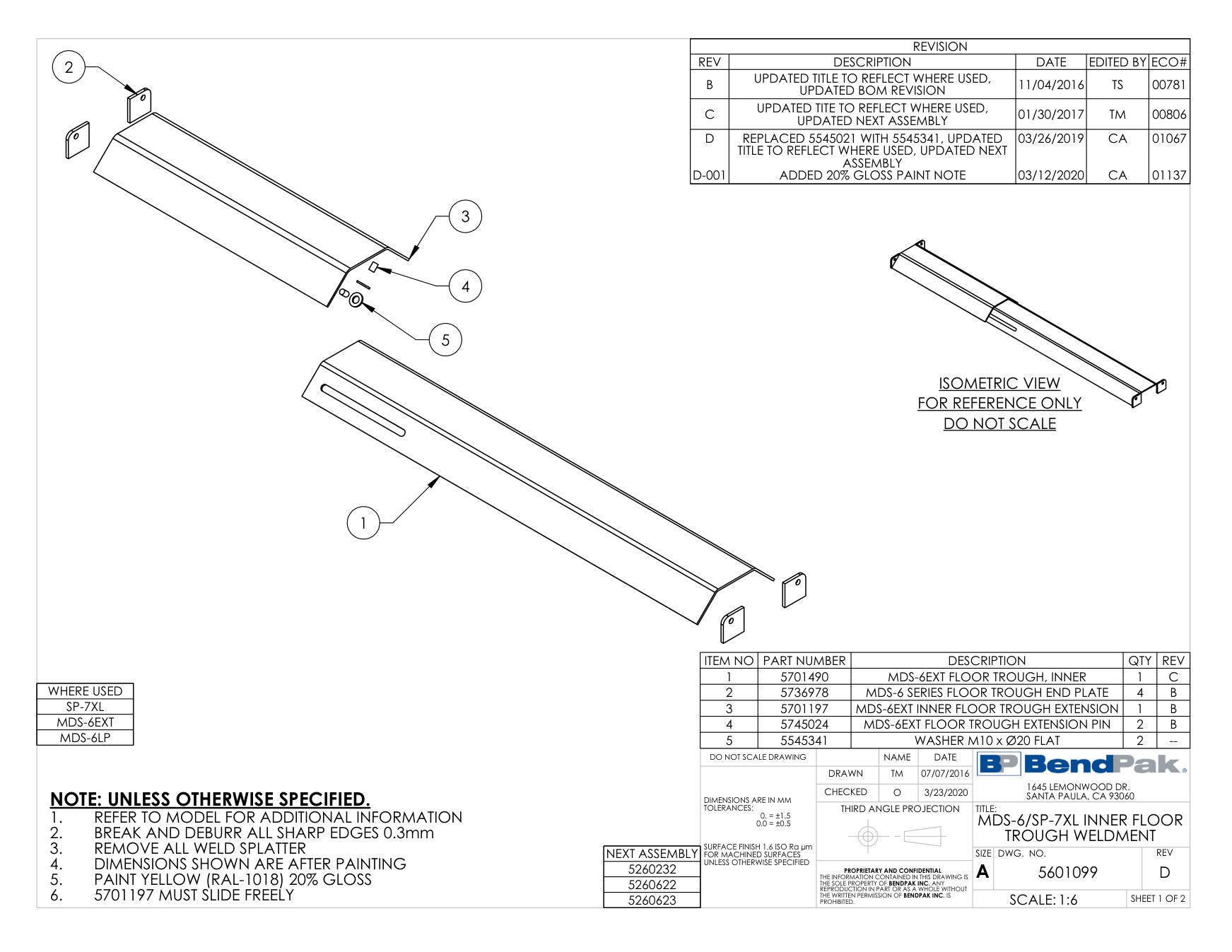 BendPak SP-7XL parts diagram — MDS-6/SP-7XE Floor Trough, Inner is item 1 (MDS-6/SP-7XL INNER FLOOR TROUGH WELDMENT)
