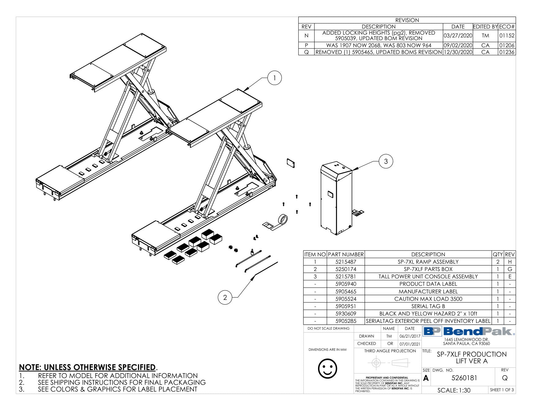 BendPak SP-7XLF parts diagram — Tall Power Unit Console Assembly is item 3 (SP-7XLF PRODUCTION LIFT VER A)