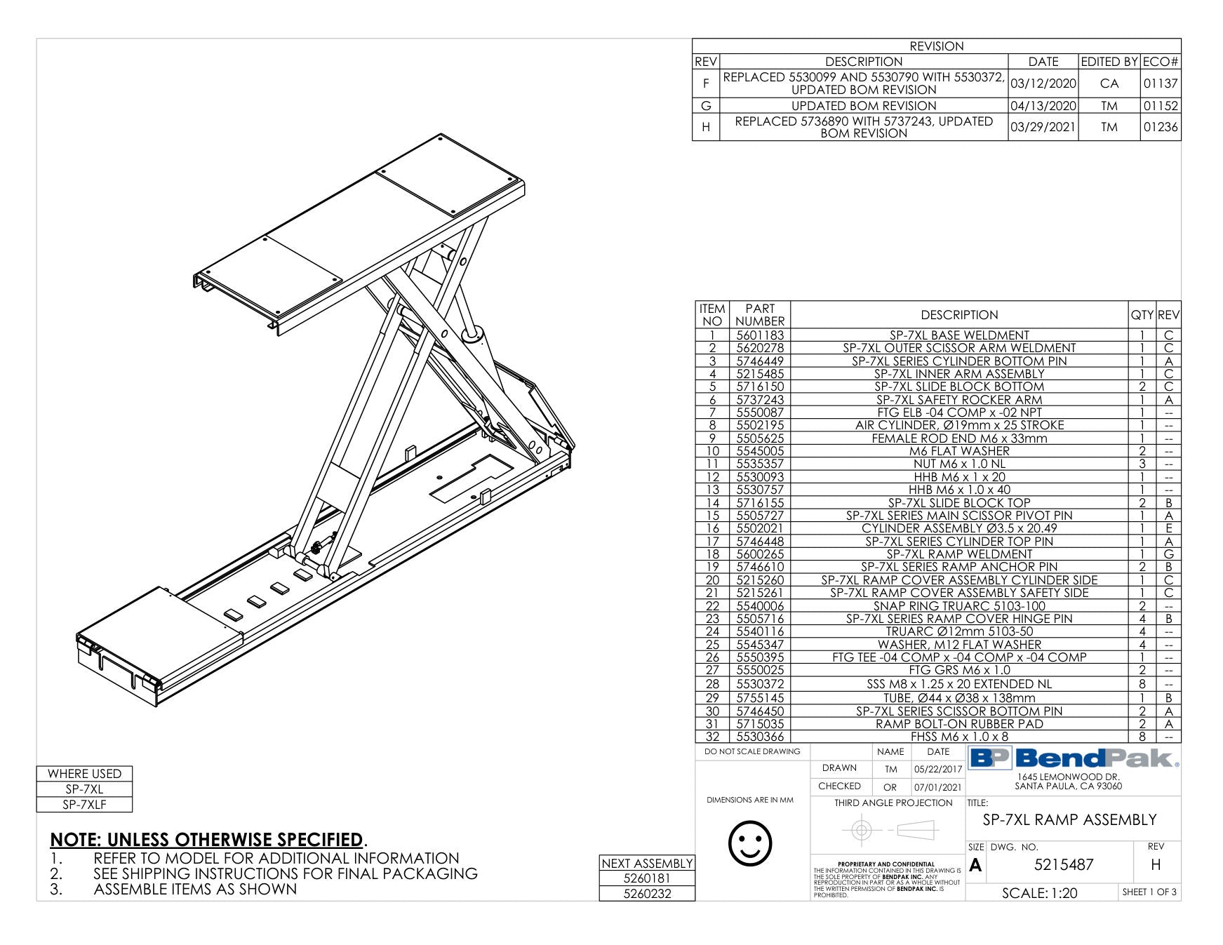 BendPak SP-7XLF parts diagram — SP-7XE Cylinder Top Pin is item 17 (SP-7XL RAMP ASSEMBLY)
