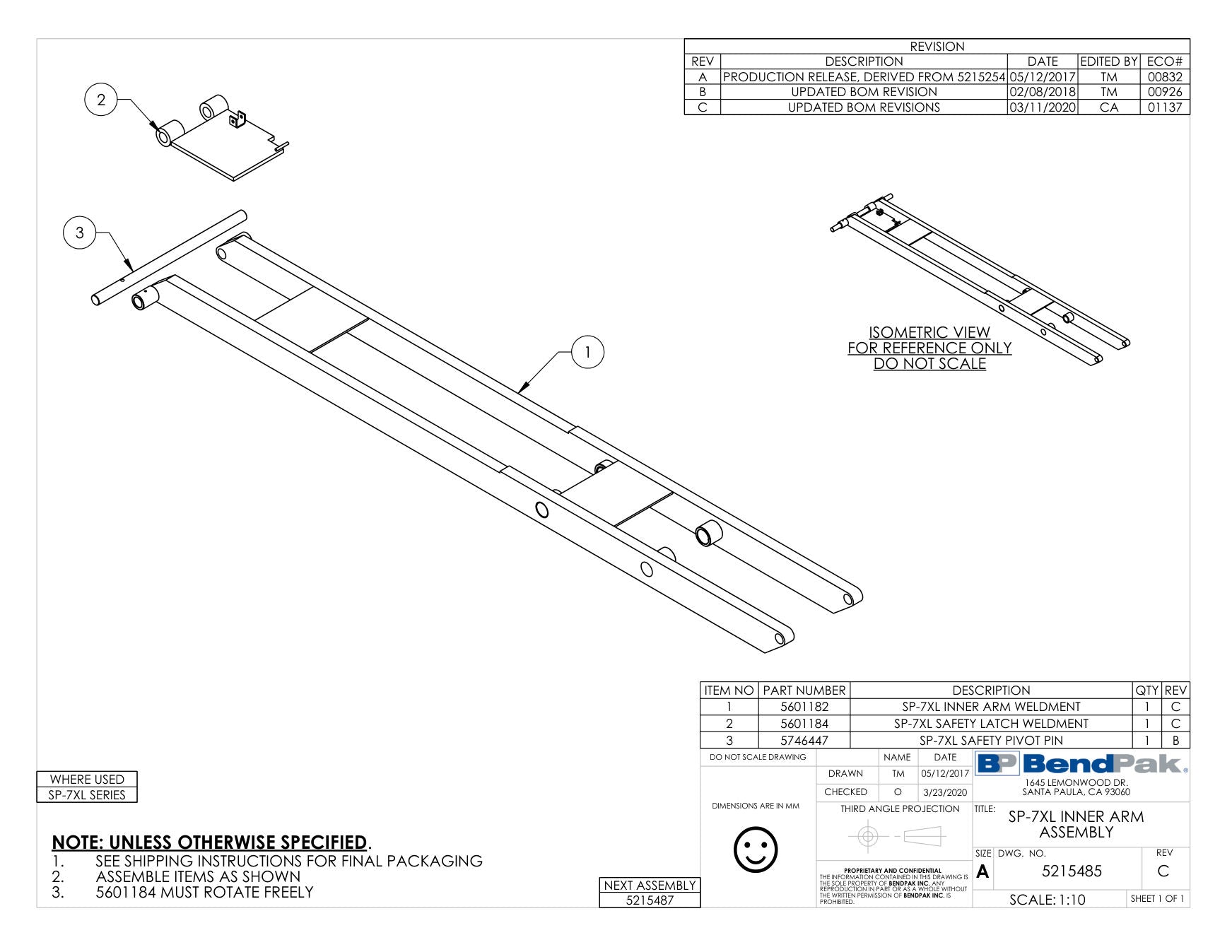 BendPak SP-7XLF parts diagram — SP-7XE Safety Latch Weldment is item 2 (SP-7XL INNER ARM ASSEMBLY)
