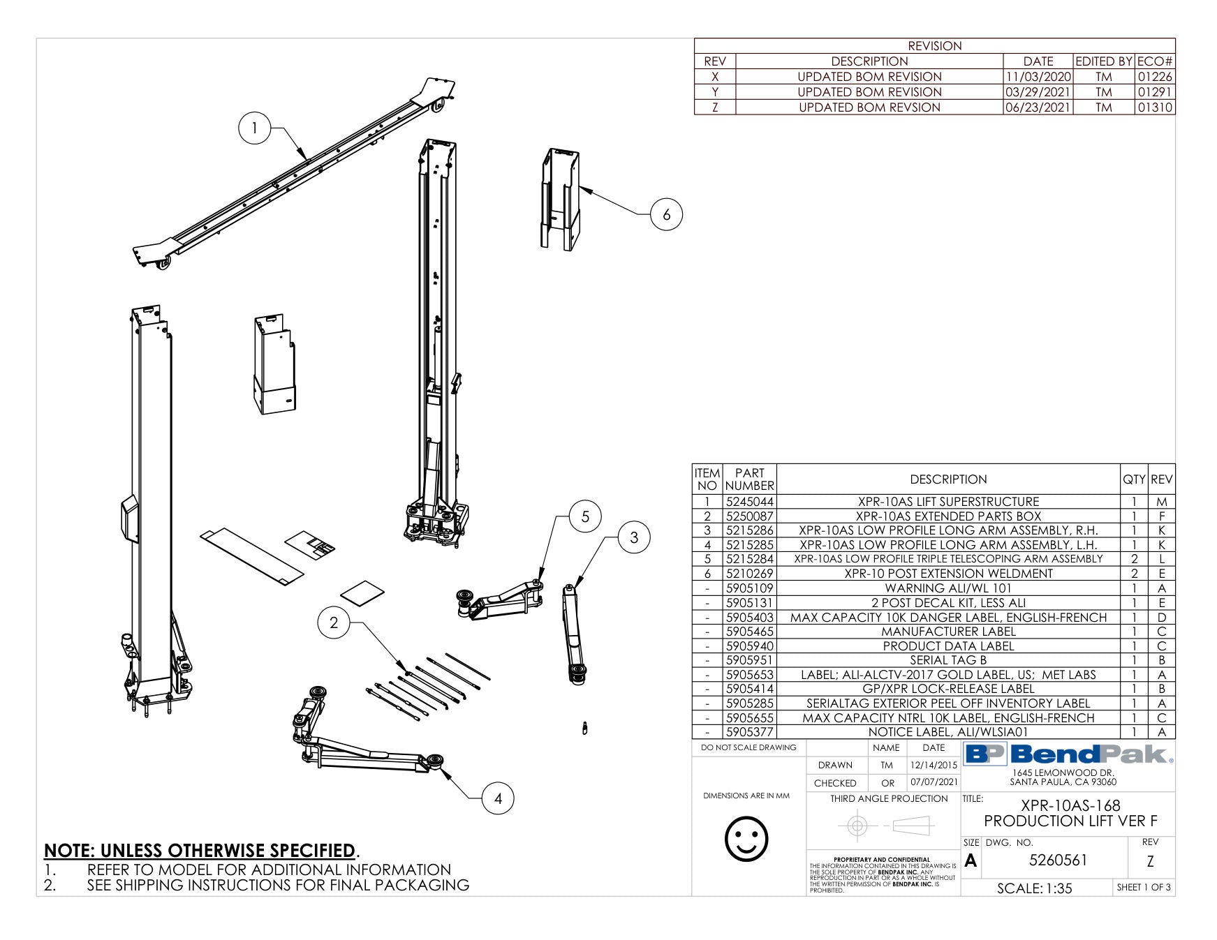 BendPak XPR-10AS-168 parts diagram — XPR-10AS Extended Parts Box is item 2 (XPR-10AS-168 PRODUCTION LIFT VER F)