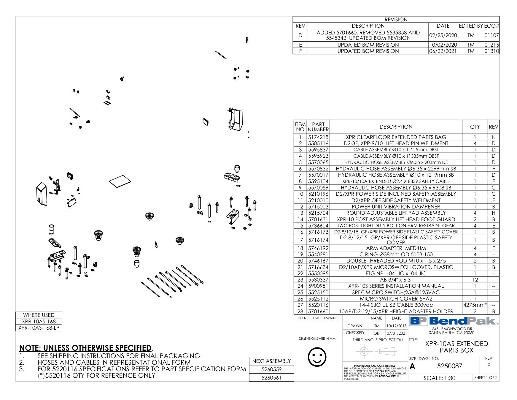 BendPak XPR-10AS-168 parts diagram — Cable Assembly Ø10 X 11335MM Dbst is item 4 (XPR-10AS EXTENDED PARTS BOX)