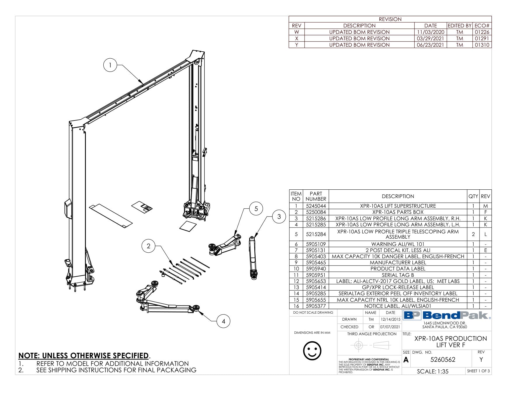 BendPak XPR-10AS parts diagram — XPR-10AS Parts Box is item 2 (XPR-10AS PRODUCTION LIFT VER F)