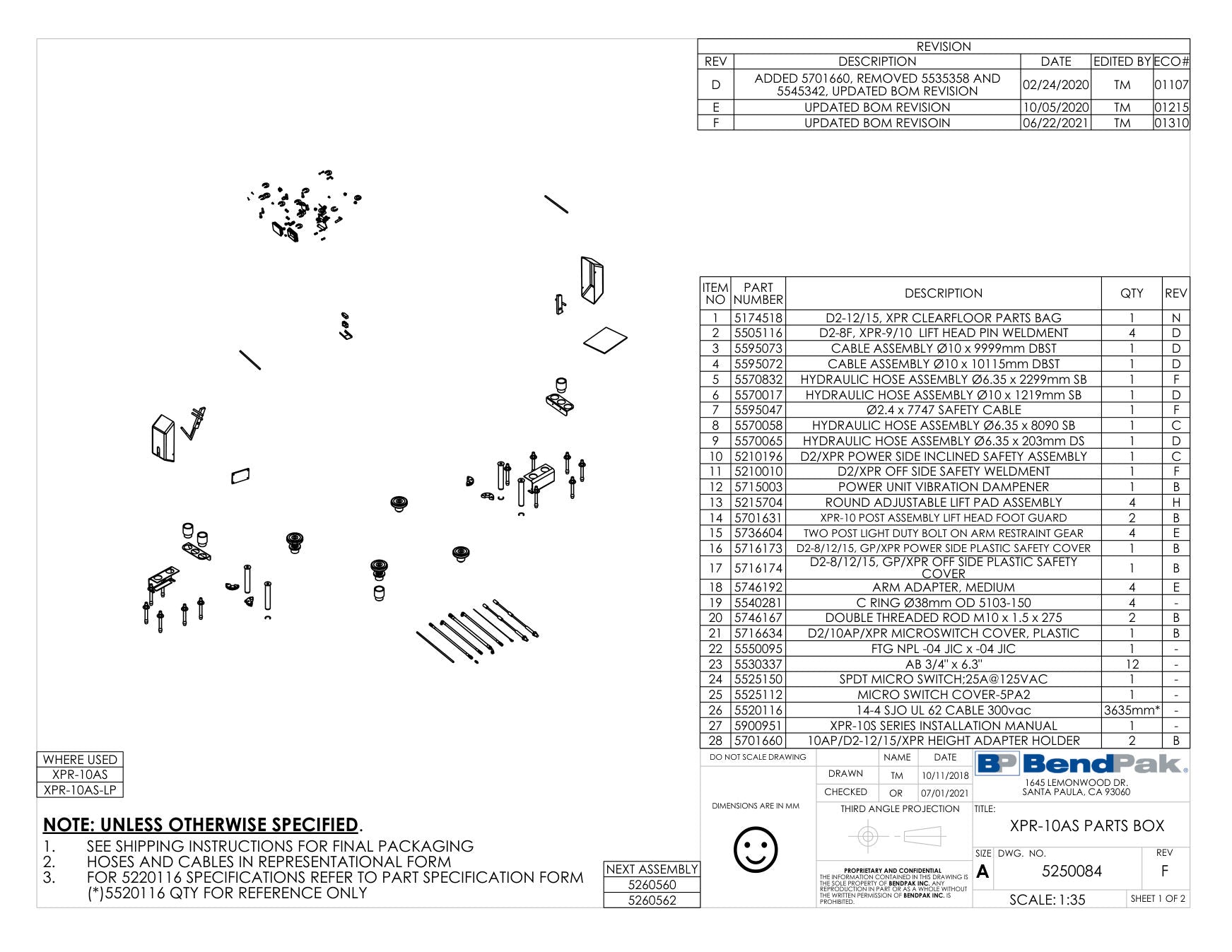 BendPak XPR-10AS parts diagram — Cable Assembly Ø10 X 9999MM Dbst is item 3 (XPR-10AS PARTS BOX)