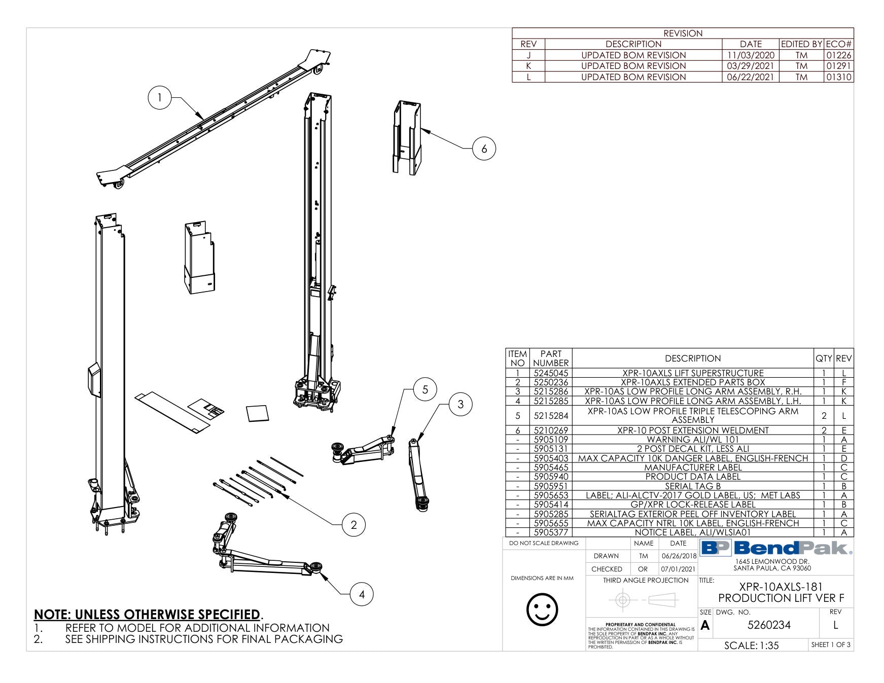 BendPak XPR-10AXLS-181 parts diagram — XPR-10AS Low Profile Long Arm Assembly, R.h. is item 3 (XPR-10AXLS-181 PRODUCTION LIFT VER F)