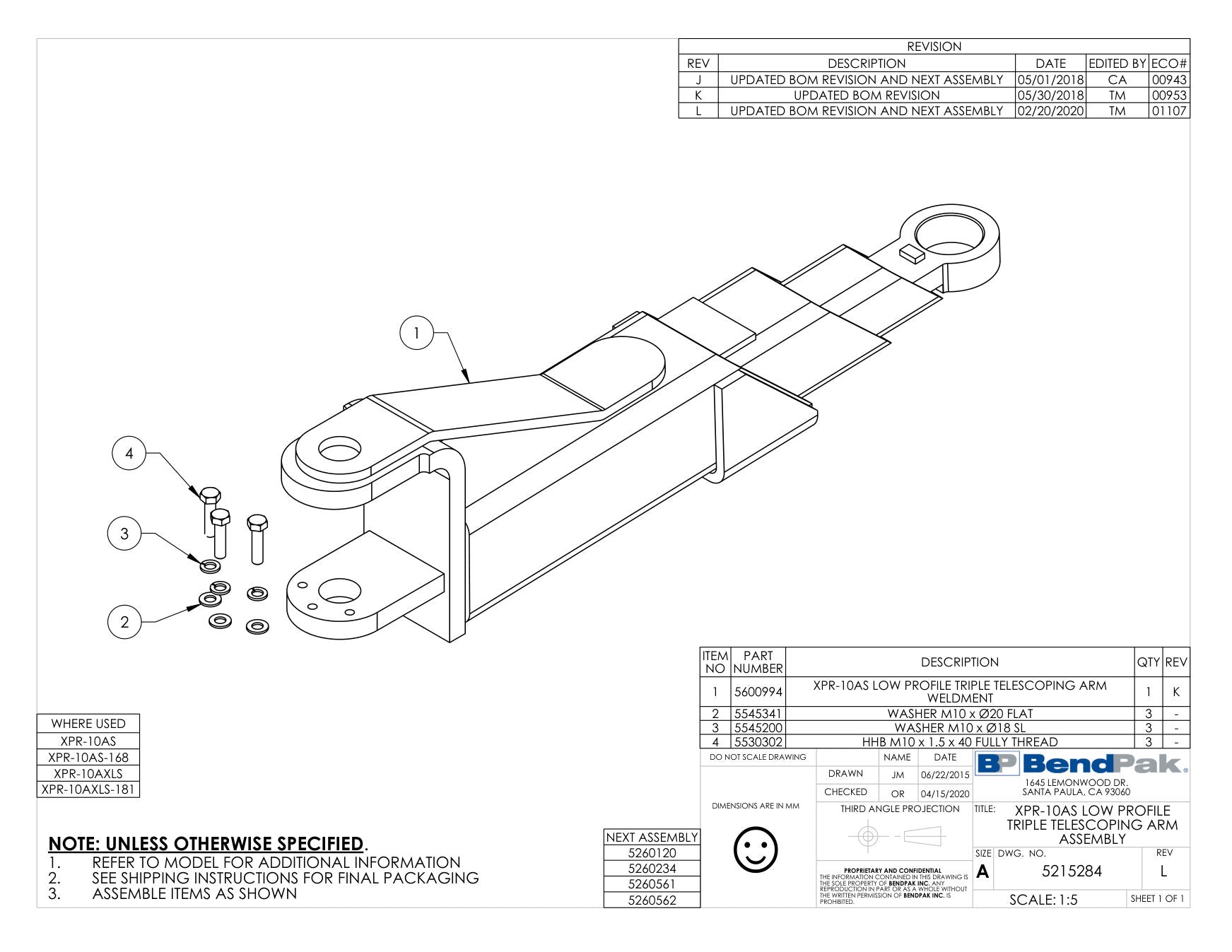 BendPak XPR-10AXLS-181 parts diagram — XPR-10AS Low Profile Triple Telescoping Arm Weldment is item 1 (TRIPLE TELESCOPING ARM ASSEMBLY)