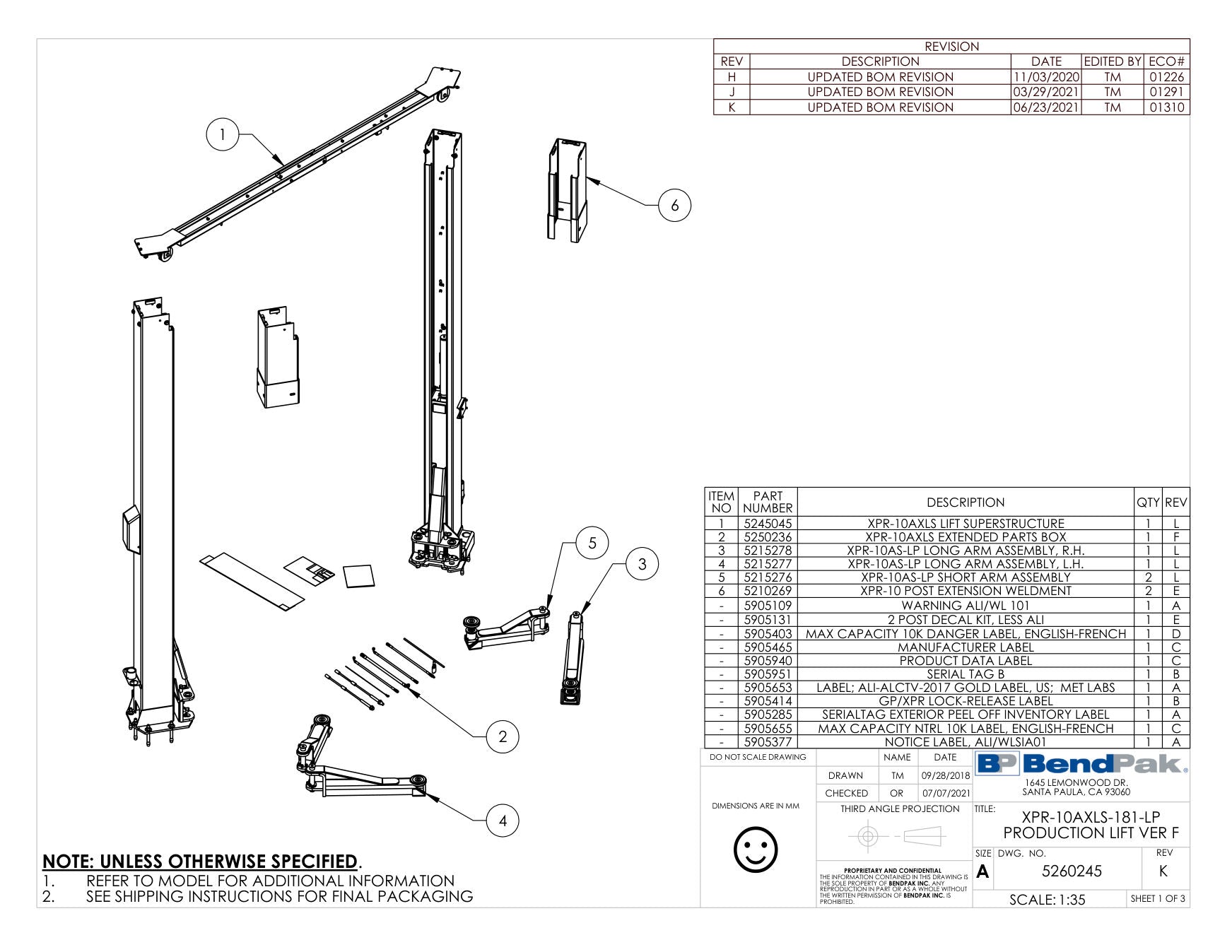 BendPak XPR-10AXLS-LP-181 parts diagram — XPR-10AS-LP Long Arm Assembly, L.h. is item 4 (XPR-10AXLS-181-LP PRODUCTION LIFT VER F)