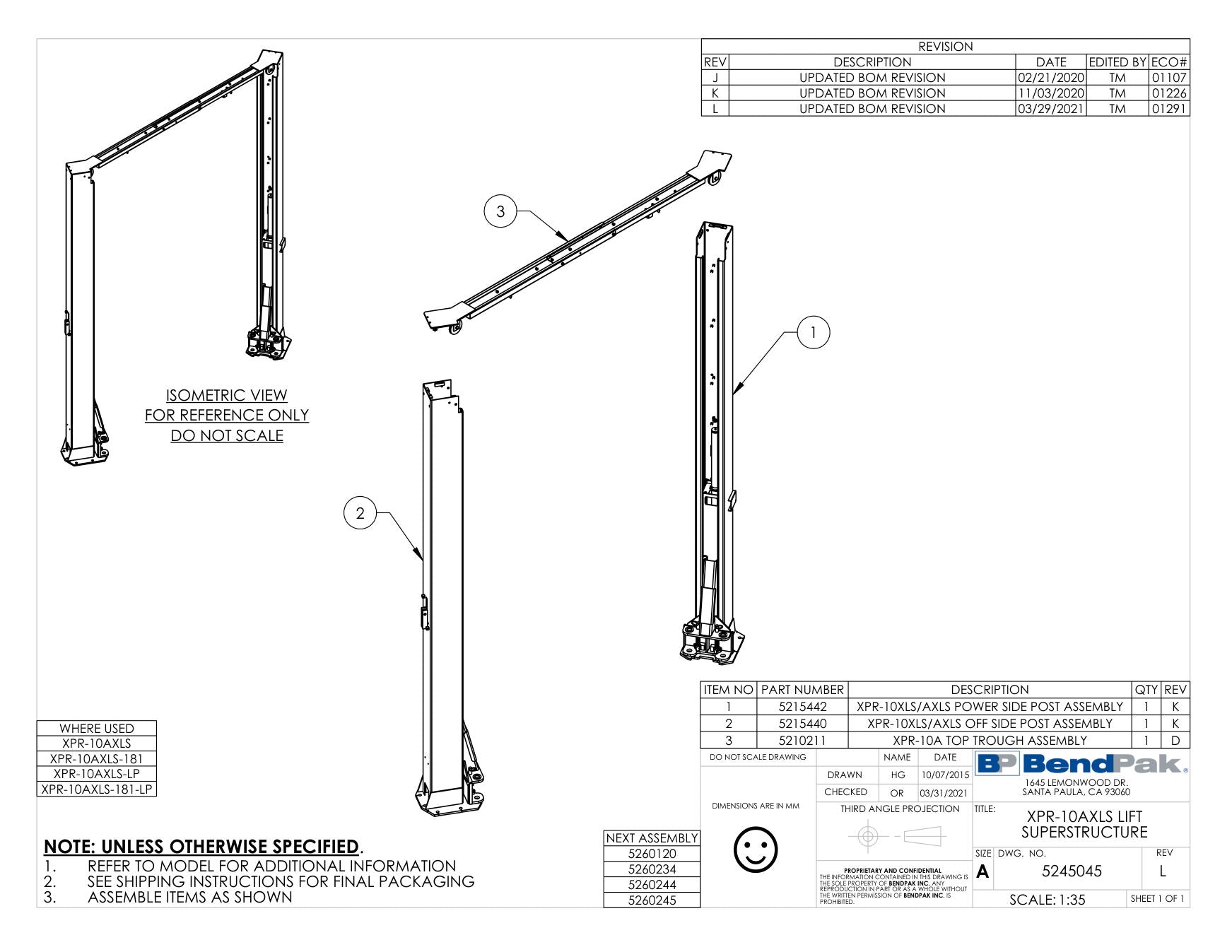 BendPak XPR-10AXLS-LP-181 parts diagram — XPR-10A Top Trough Assembly is item 3 (XPR-10AXLS LIFT SUPERSTRUCTURE)
