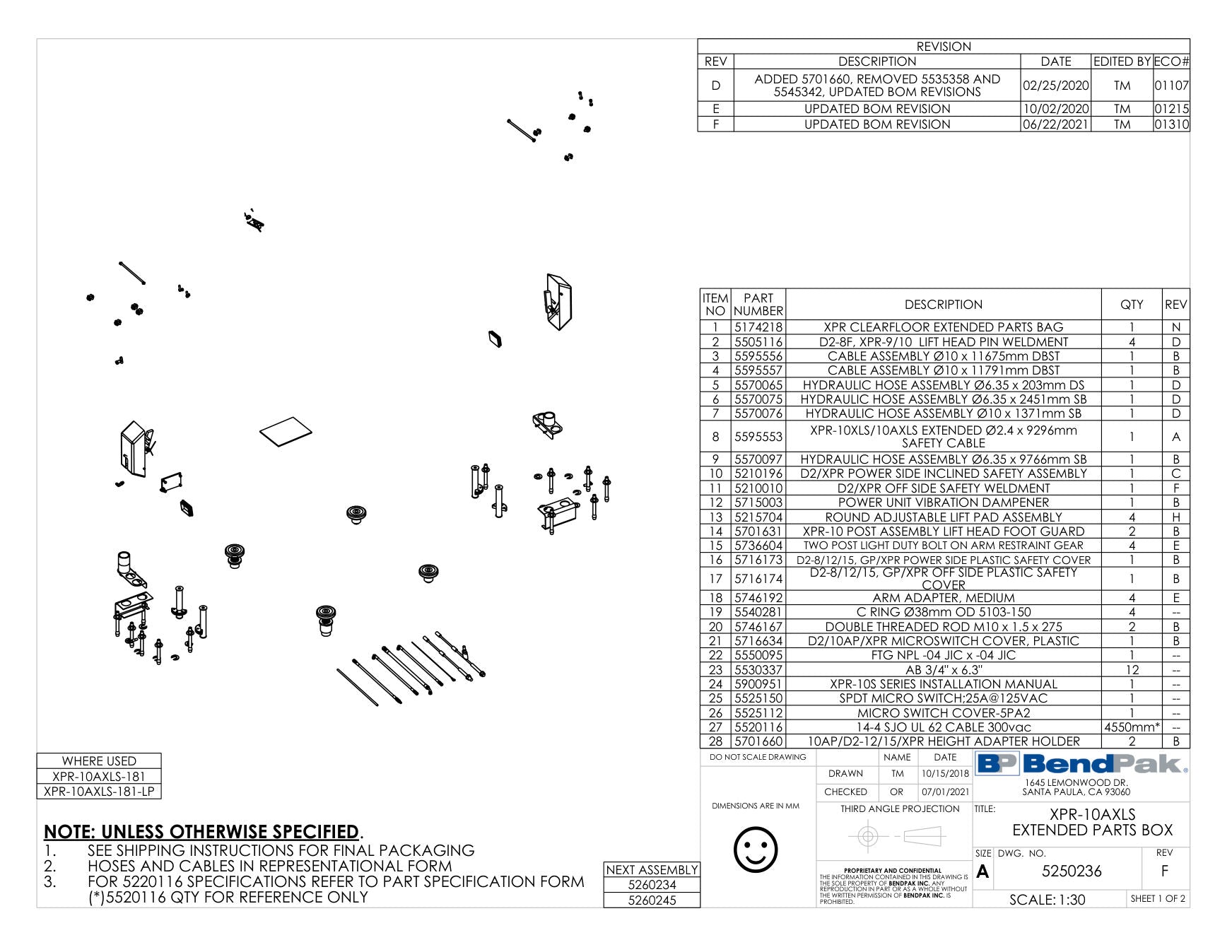 BendPak XPR-10AXLS-LP-181 parts diagram — Hydraulic Hose Assembly Ø6.35 X 9766MM Sb is item 9 (XPR-10AXLS EXTENDED PARTS BOX)