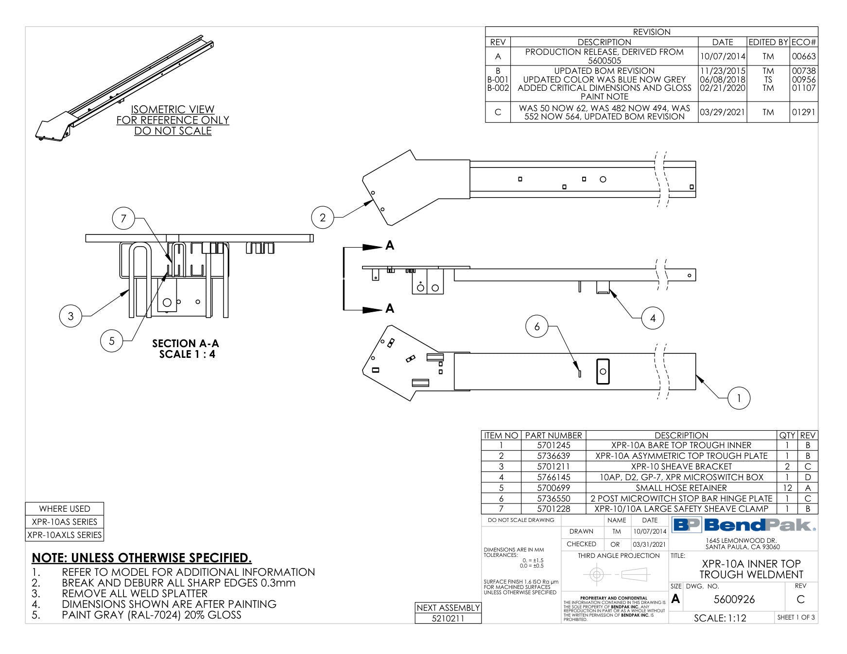 BendPak XPR-10AXLS-LP-181 parts diagram — Micro Switch Box; 10AP, D2, GP-7, XPR is item 4 (XPR-10A INNER TOP TROUGH WELDMENT)
