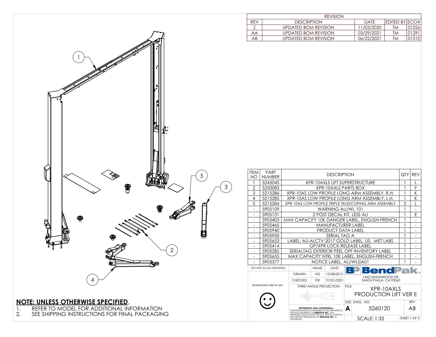 BendPak XPR-10AXLS parts diagram — XPR-10AXLS Parts Box is item 2 (XPR-10AXLS PRODUCTION LIFT VER E)