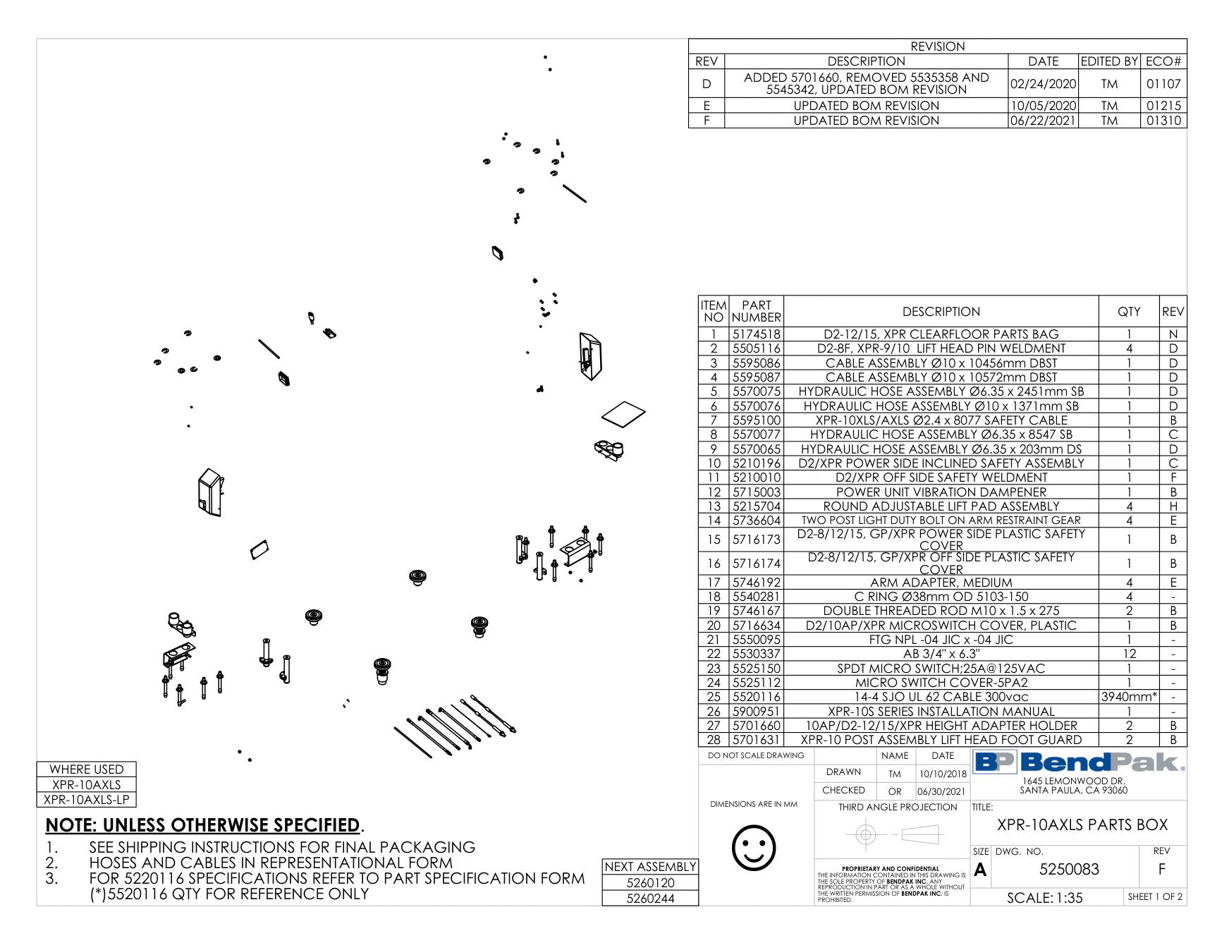 BendPak XPR-10AXLS parts diagram — Cable Assembly Ø10 X 10456MM Dbst is item 3 (XPR-10AXLS PARTS BOX)