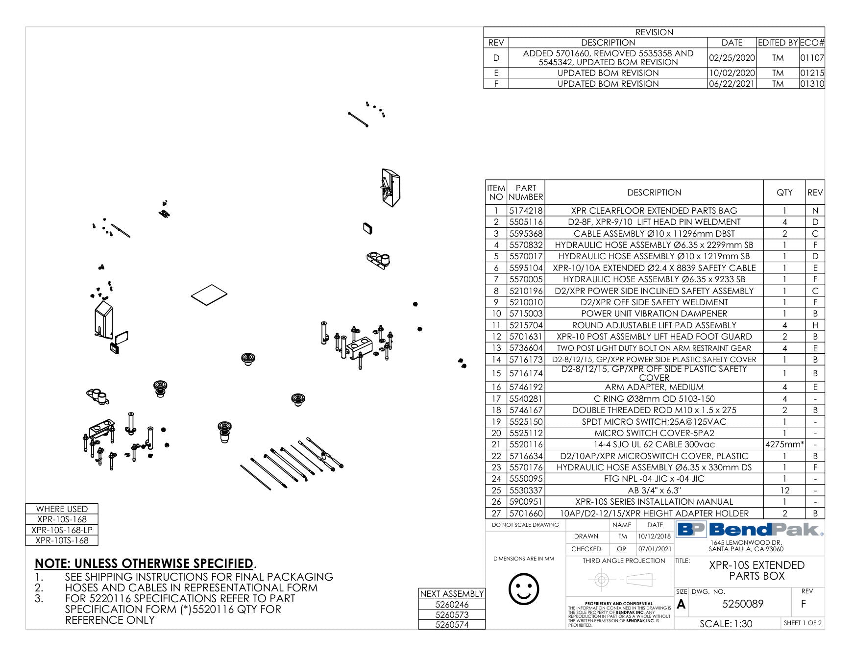 BendPak XPR-10S-168 parts diagram — Cable Assembly Ø10 X 11296MM Dbst is item 3 (XPR-10S EXTENDED PARTS BOX)