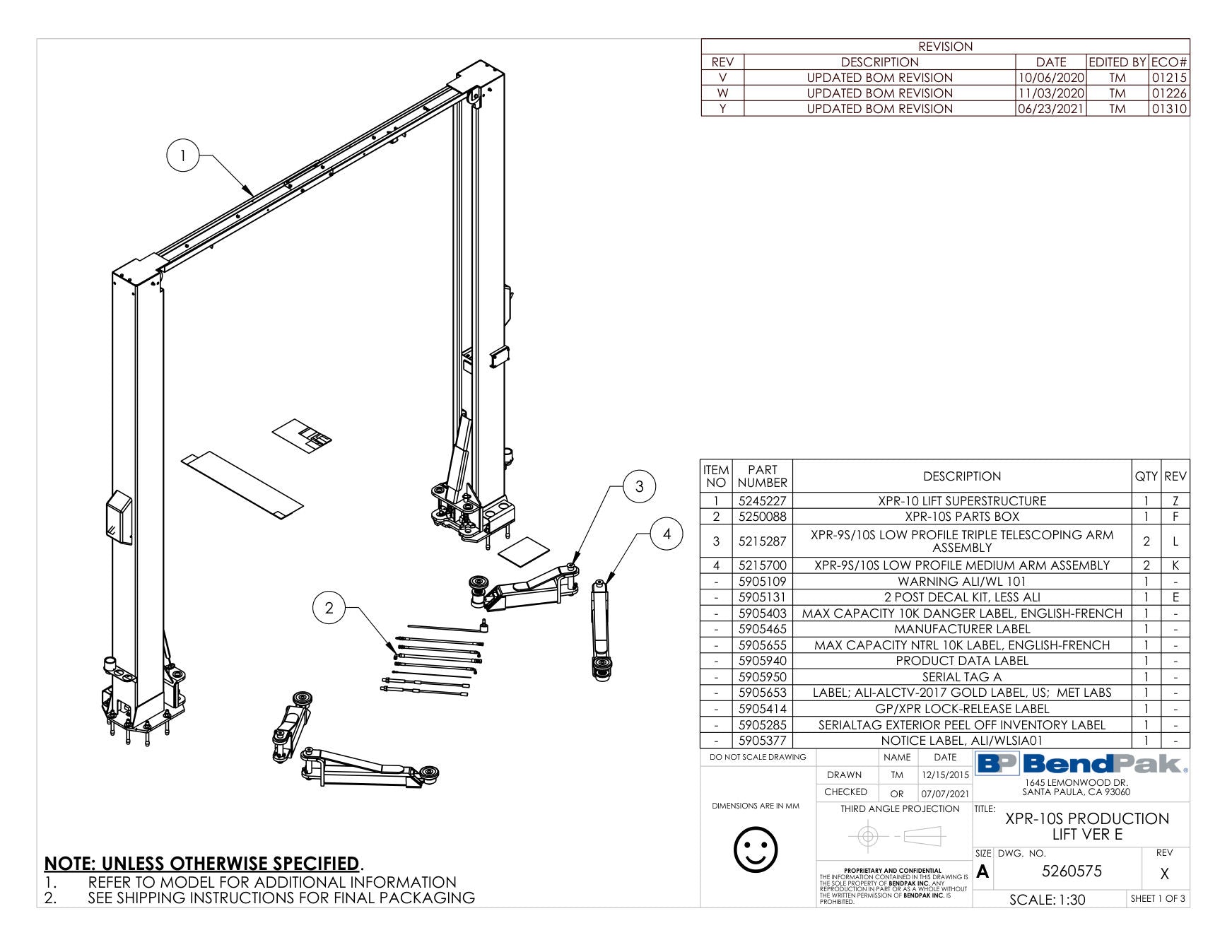 BendPak XPR-10S parts diagram — XPR-10S Parts Box is item 2 (XPR-10S PRODUCTION LIFT VER E)