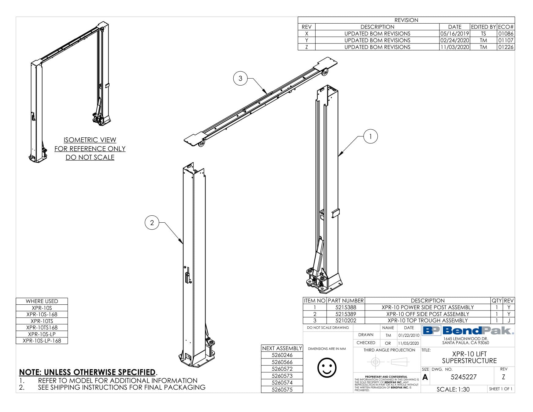 BendPak XPR-10S parts diagram — XPR-10 Power Side Post Assembly is item 1 (XPR-10 LIFT SUPERSTRUCTURE)