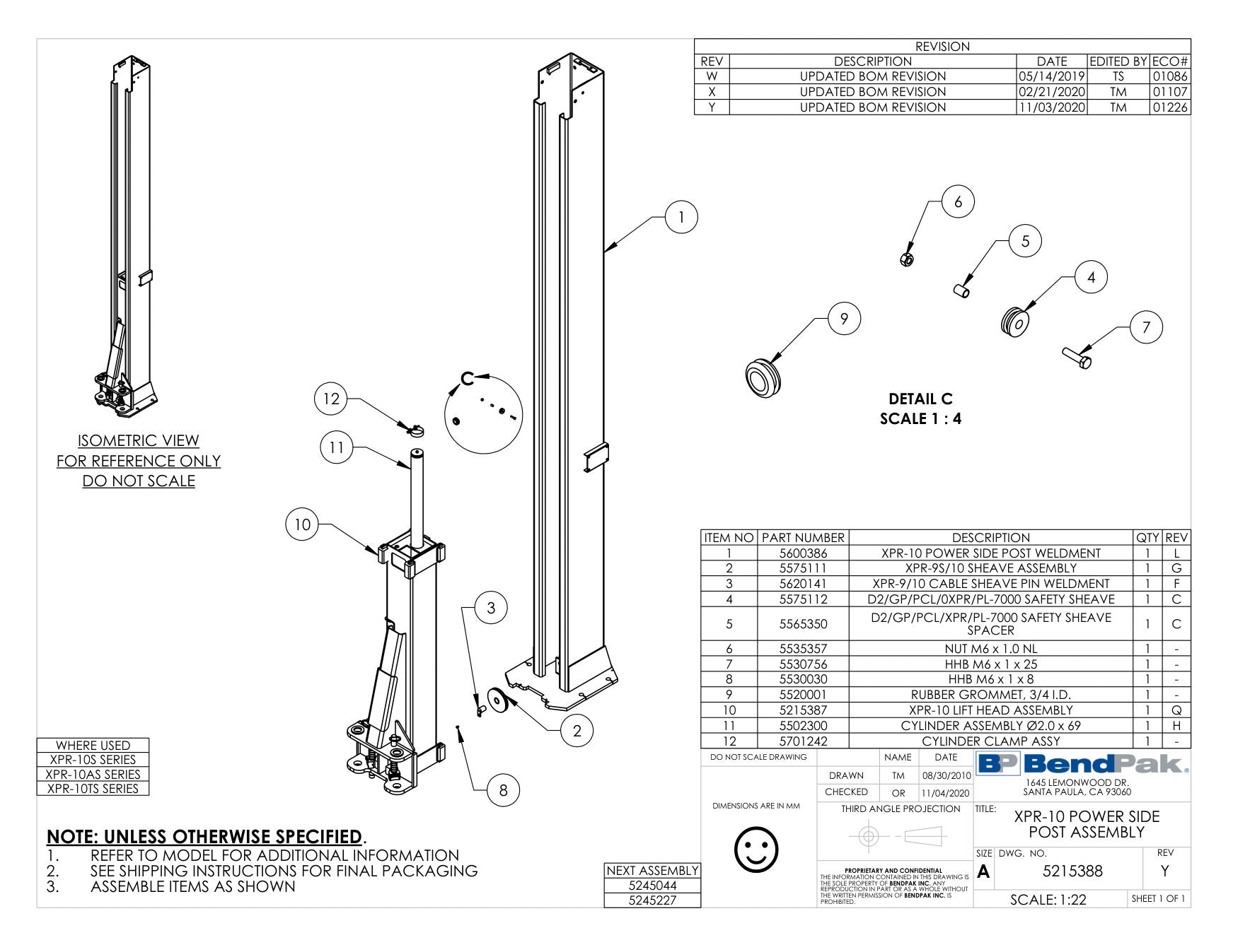 BendPak XPR-10S parts diagram — XPR-10 Power Side Post Weldment is item 1 (XPR-10 POWER SIDE POST ASSEMBLY)