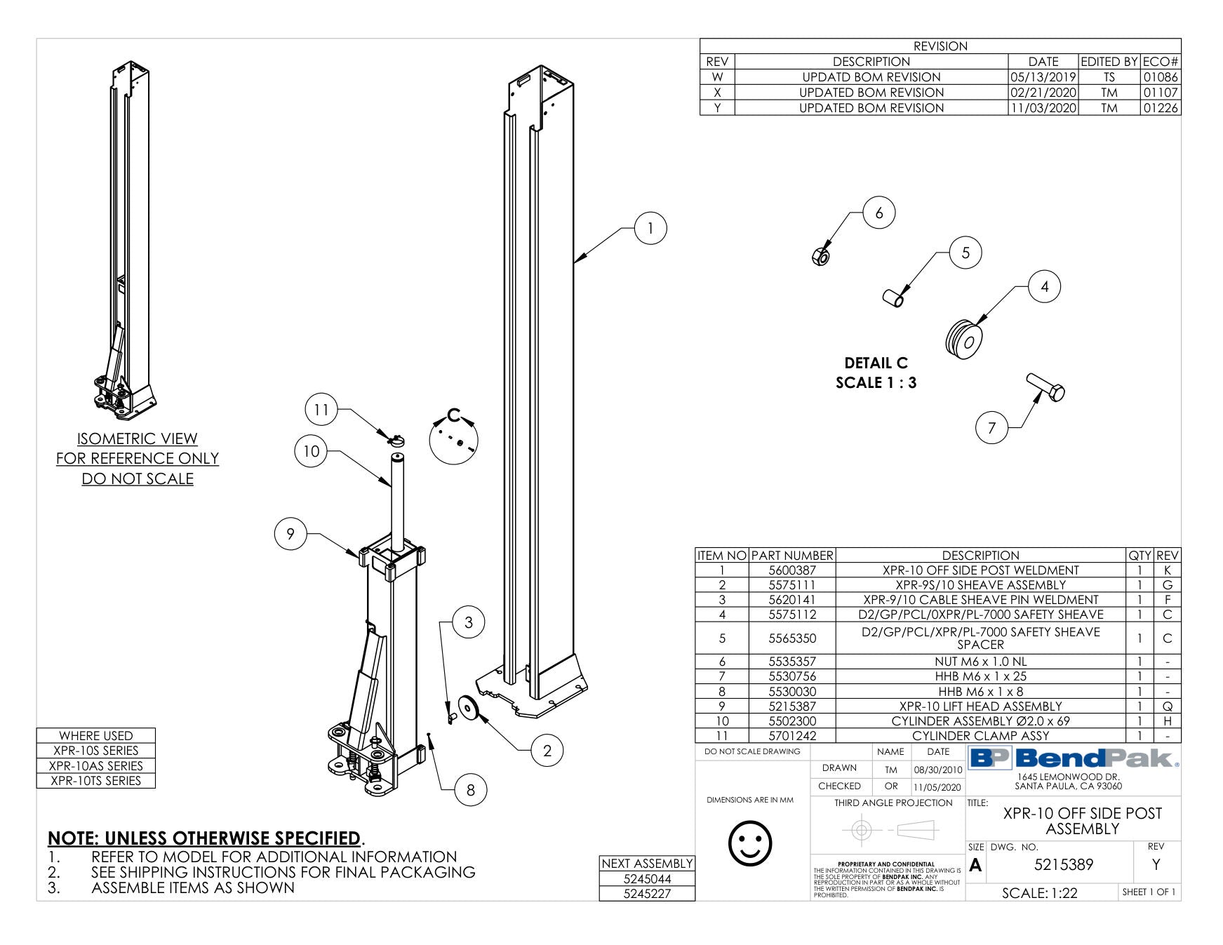 BendPak XPR-10S parts diagram — XPR-10 Off Side Post Weldment is item 1 (XPR-10 OFF SIDE POST ASSEMBLY)