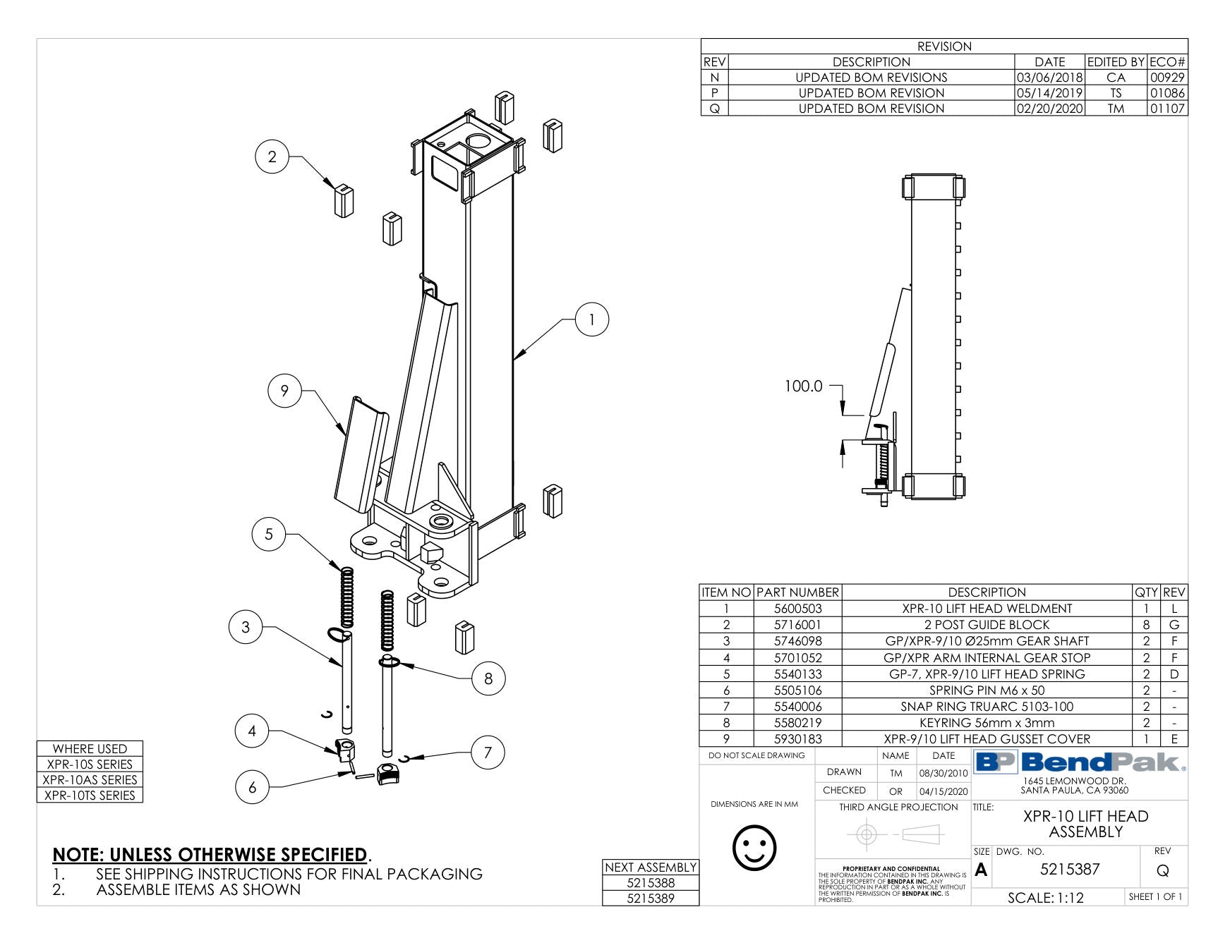 BendPak XPR-10S parts diagram — Lift Head Weldment; XPR-10 Series is item 1 (XPR-10 LIFT HEAD ASSEMBLY)