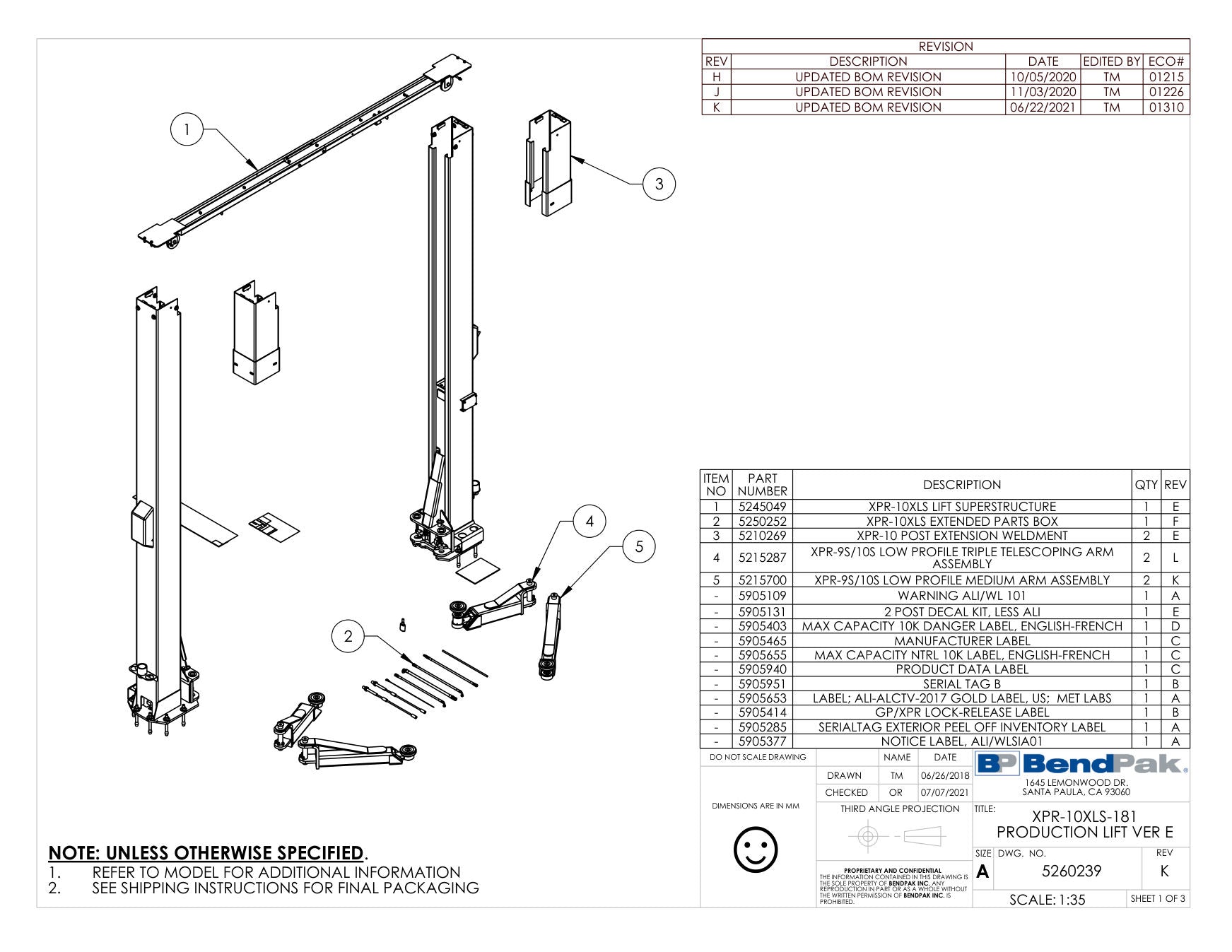 BendPak XPR-10XLS-181 parts diagram — XPR-9/10 Low Profile Triple Telescoping Arm Assembly is item 4 (XPR-10XLS-181 PRODUCTION LIFT VER E)