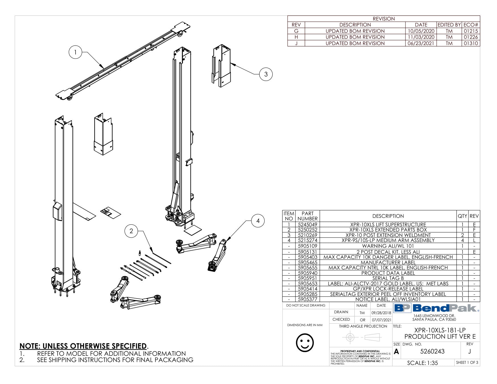 BendPak XPR-10XLS-LP-181 parts diagram — XPR-10XLS Extended Parts Box is item 2 (XPR-10XLS-181-LP PRODUCTION LIFT VER E)
