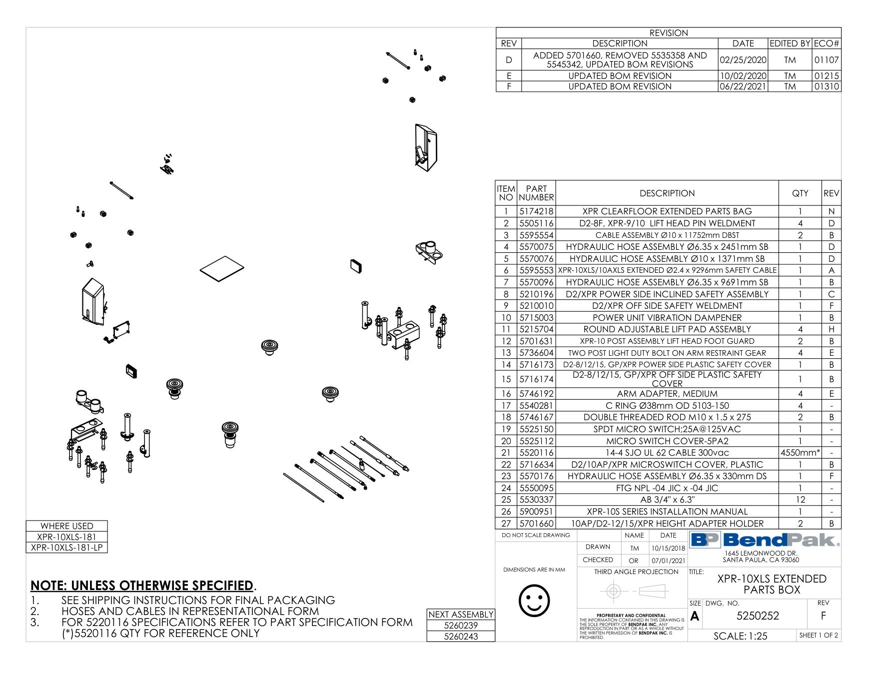 BendPak XPR-10XLS-LP-181 parts diagram — Cable Assembly Ø10 X 11752MM Dbst is item 3 (XPR-10XLS EXTENDED PARTS BOX)