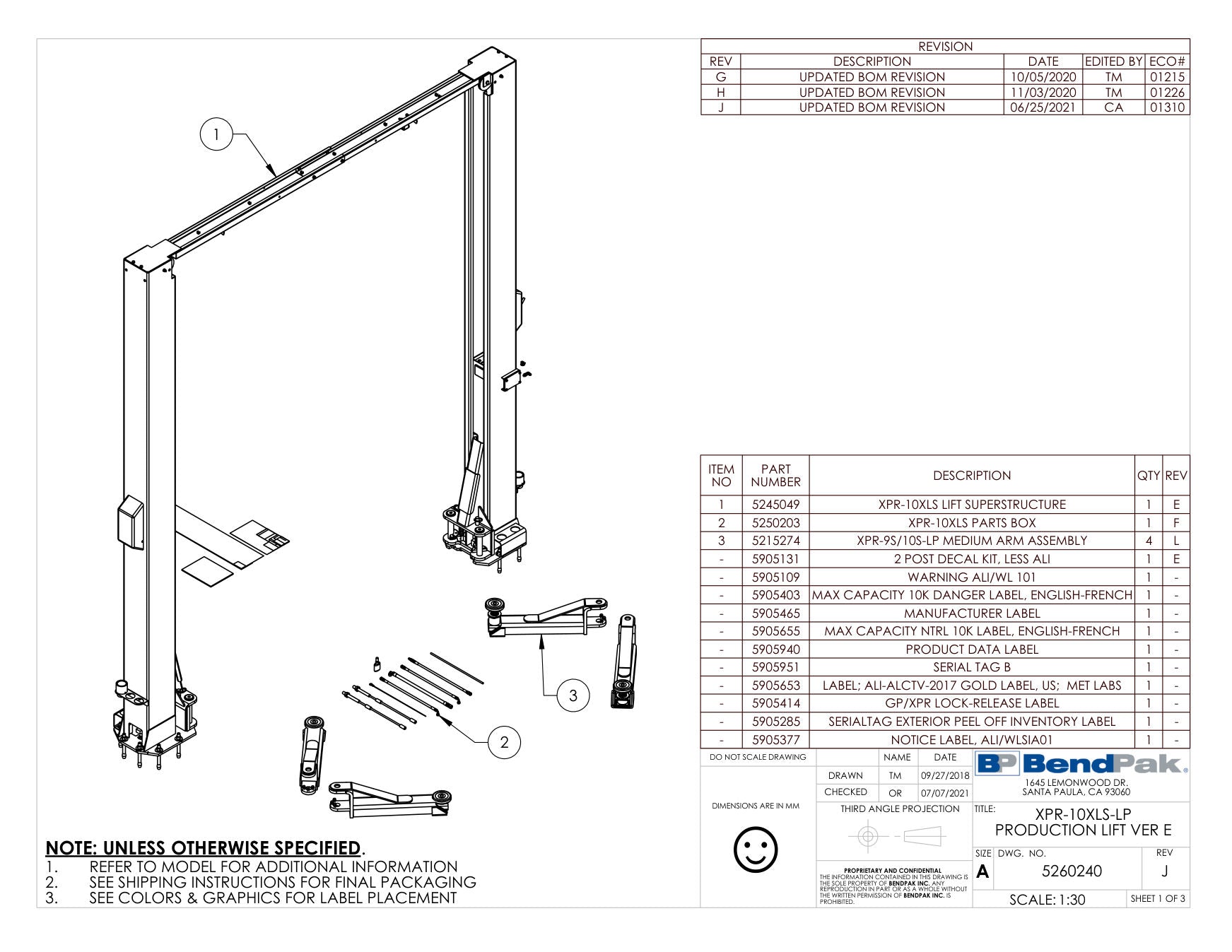 BendPak XPR-10XLS parts diagram — Label; Lift Capacity 10,000LBS., Eng.-fren. is item - (XPR-10XLS-LP PRODUCTION LIFT VER E)