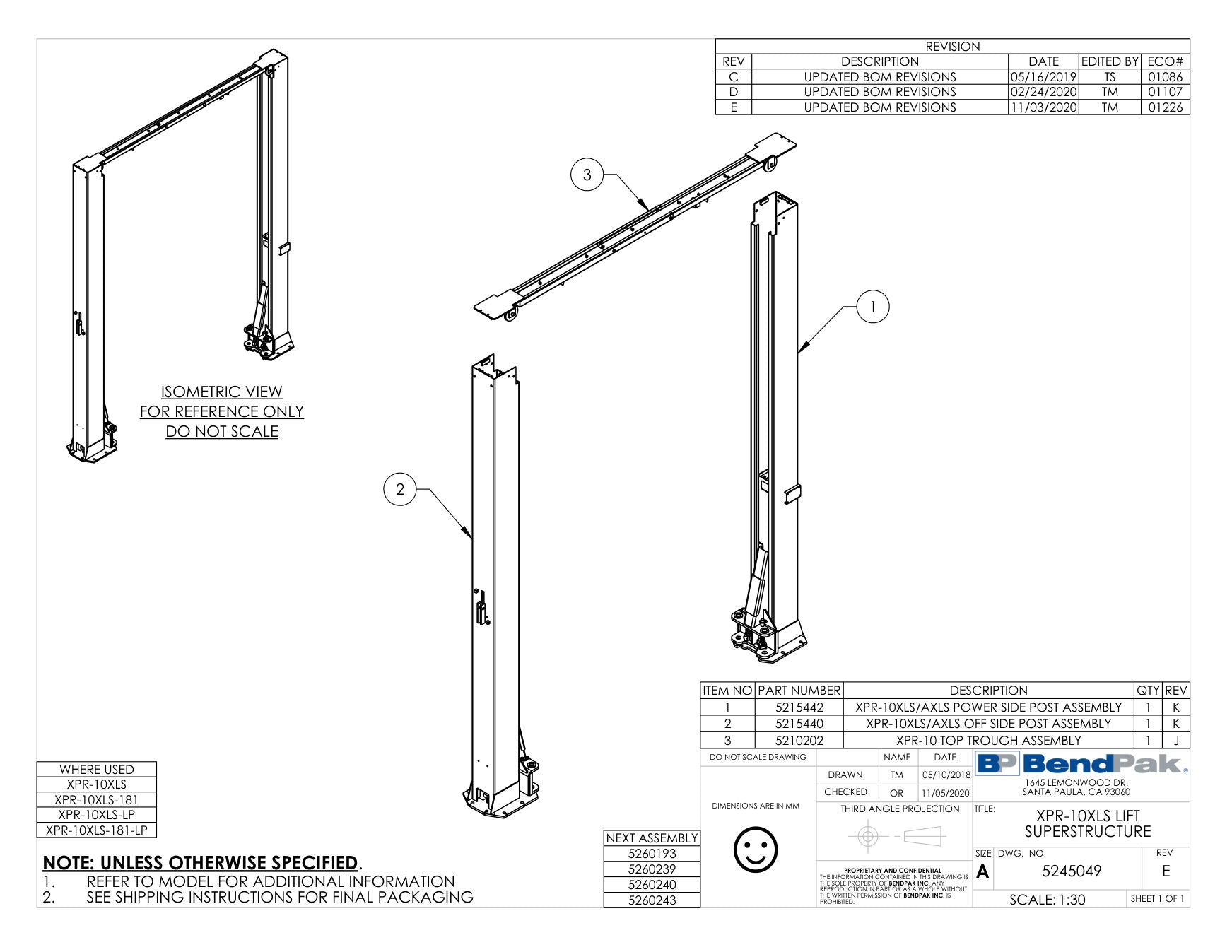 BendPak XPR-10XLS parts diagram — XPR-10 Top Trough Assembly is item 3 (XPR-10XLS LIFT SUPERSTRUCTURE)