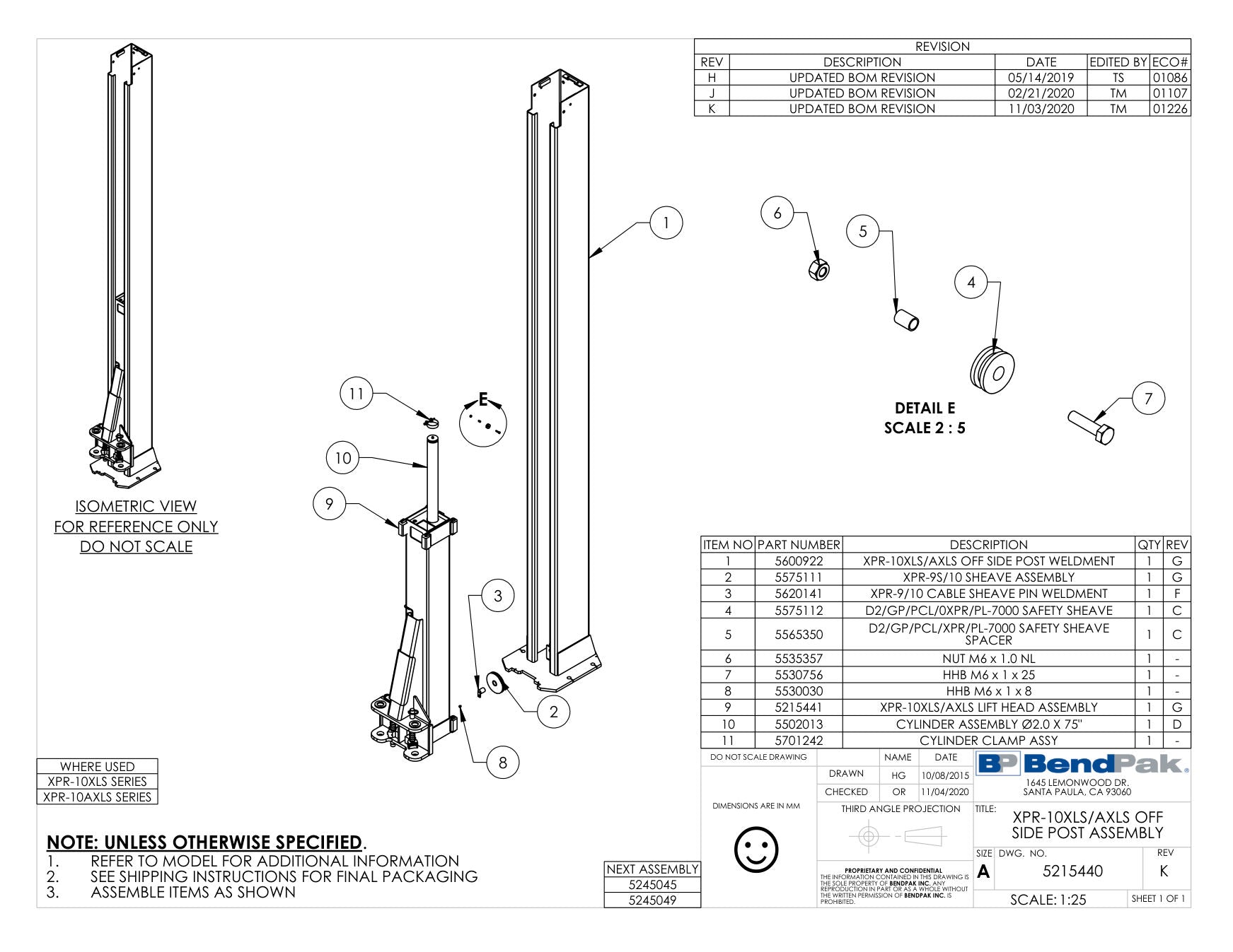 BendPak XPR-10XLS parts diagram — XPR-9/10 Cable Sheave Pin Weldment is item 3 (XPR-10XLS/AXLS OFF SIDE POST ASSEMBLY)