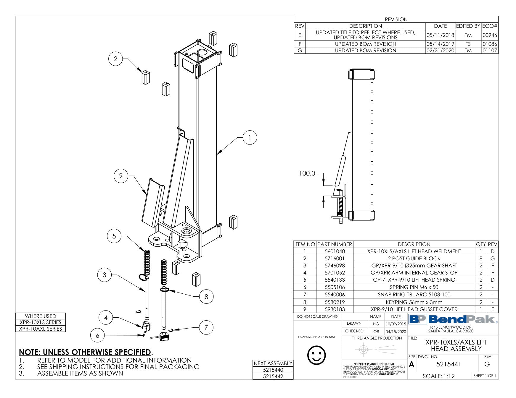 BendPak XPR-10XLS parts diagram — Lift Head Weldment; XPR-10XLS/AXLS Series is item 1 (XPR-10XLS/AXLS LIFT HEAD ASSEMBLY)