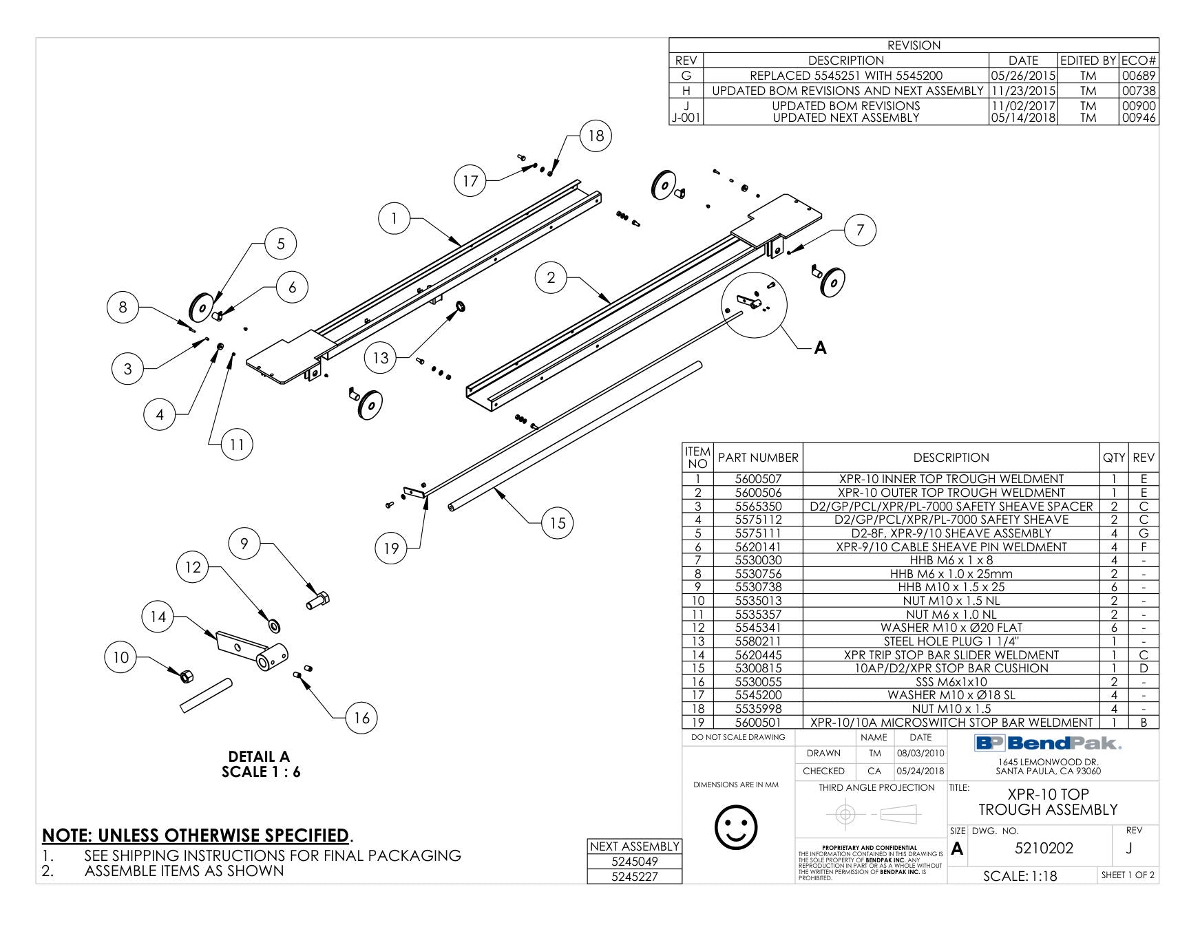 BendPak XPR-10XLS parts diagram — Outer Top Trough Weldment; XPR-10 is item 2 (XPR-10 TOP TROUGH ASSEMBLY)