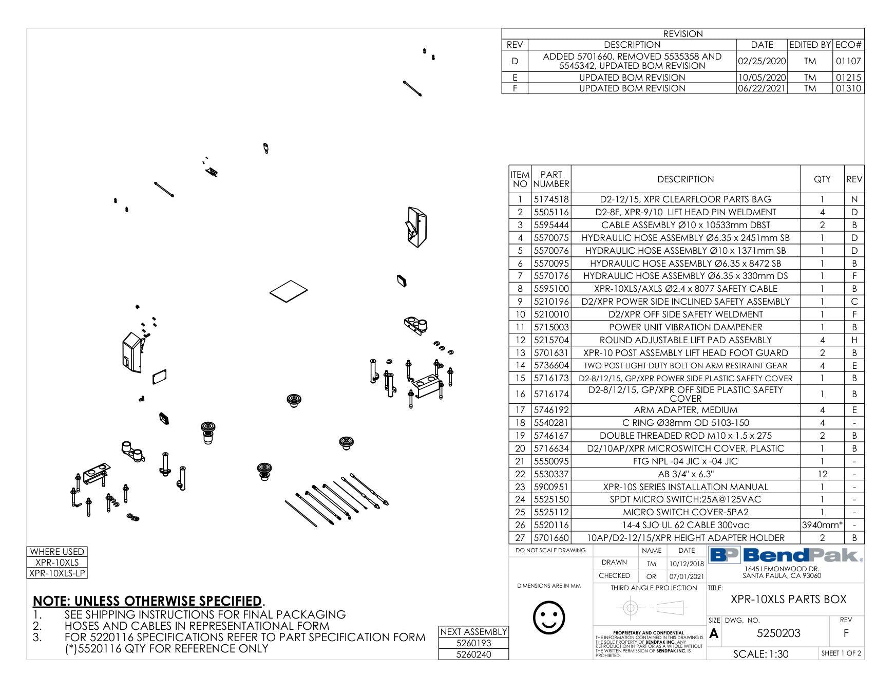 BendPak XPR-10XLS parts diagram — Hydraulic Hose Assembly Ø10 X 1371MM Sb is item 5 (XPR-10XLS PARTS BOX)