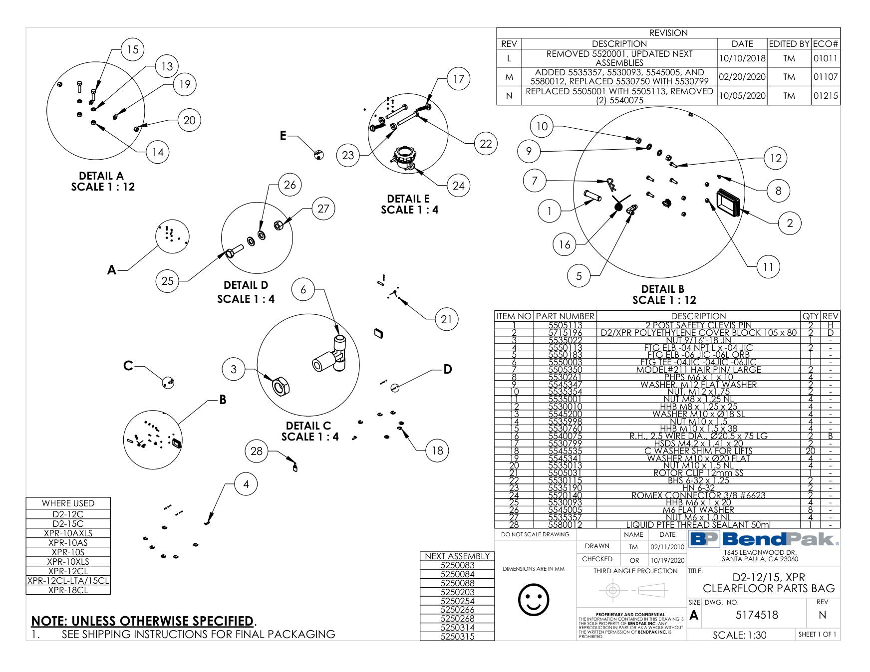 BendPak XPR-10XLS parts diagram — Phps M6 X 1.0 X 10 is item 8 (D2-12/15, XPR CLEARFLOOR PARTS BAG)