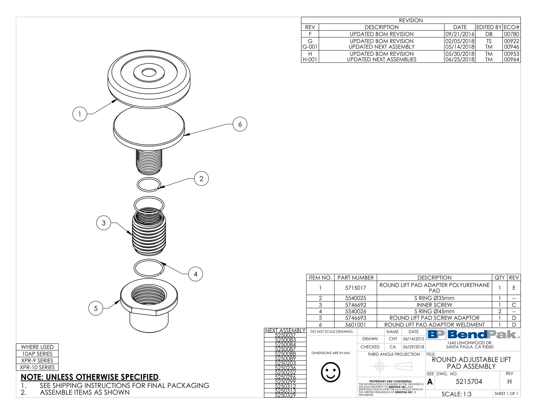 BendPak XPR-10XLS parts diagram — S Ring Ø45MM is item 4 (ROUND ADJUSTABLE LIFT PAD ASSEMBLY)