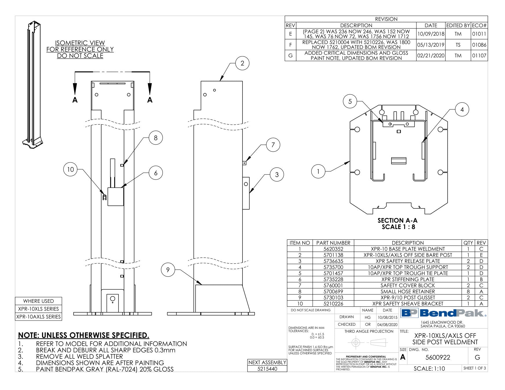 BendPak XPR-10XLS parts diagram — 2 Post Safety Cover Block is item 7 (XPR-10XLS/AXLS OFF SIDE POST WELDMENT)