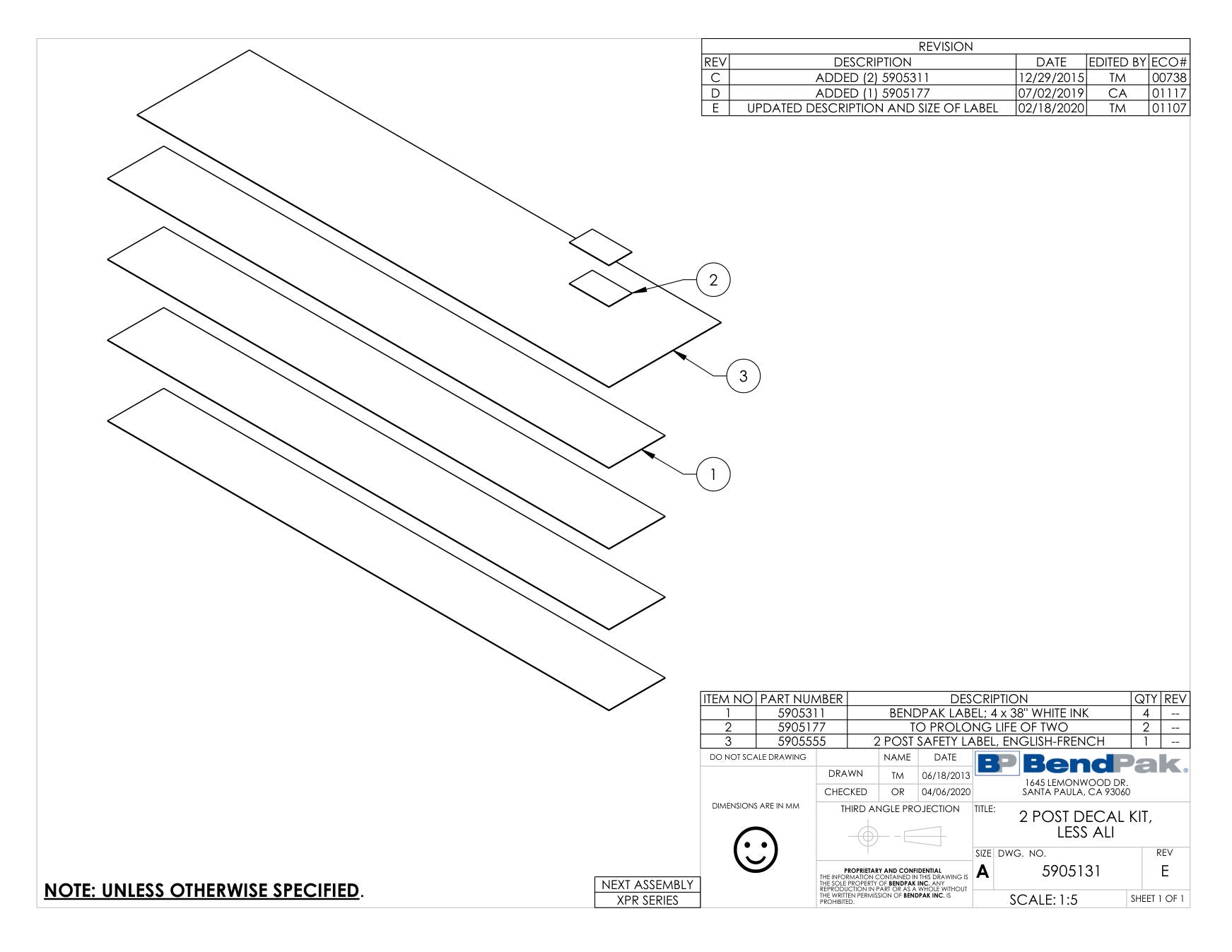 BendPak XPR-10XLS parts diagram — Label; Please Read, to Prolong Life of Two is item 2 (2 POST DECAL KIT, LESS ALI)