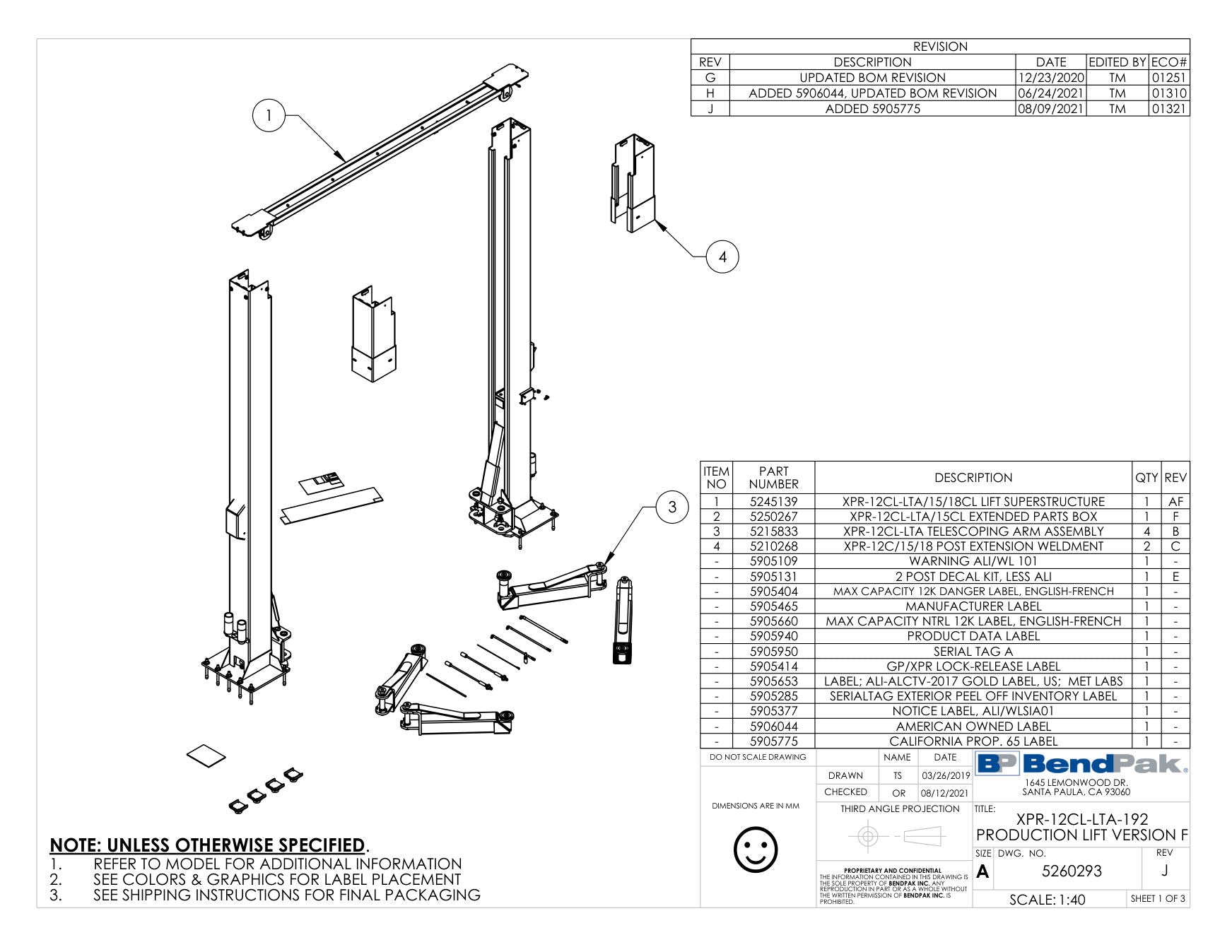 BendPak XPR-12CL-LTA-192 parts diagram — Label; Lift Capacity 12,000LBS., Eng.-fren. is item - (XPR-12CL-LTA-192 PRODUCTION LIFT VERSION F)
