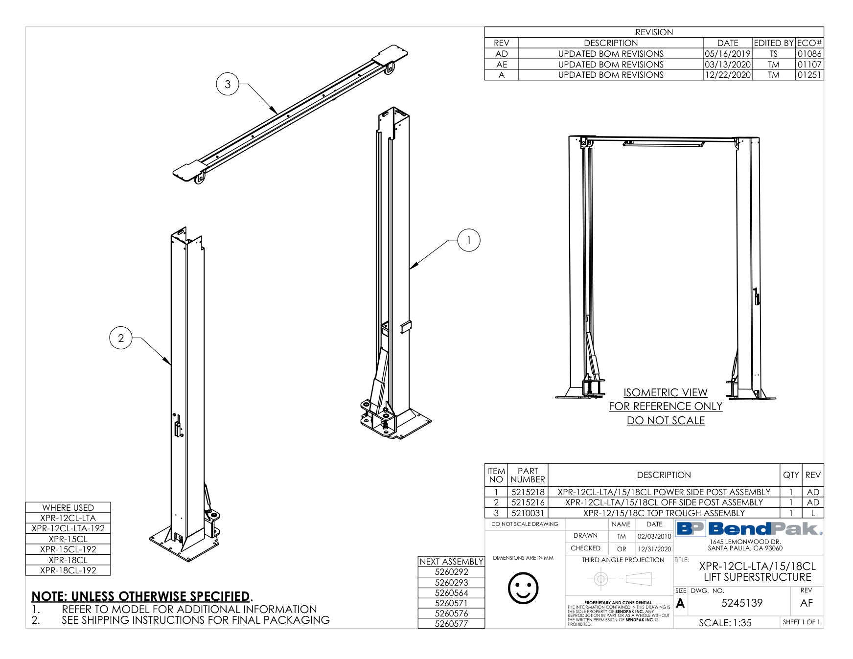 BendPak XPR-12CL-LTA-192 parts diagram — Top Trough Assy; XPR-12/15/18 is item 3 (XPR-12CL-LTA/15/18CL LIFT SUPERSTRUCTURE)