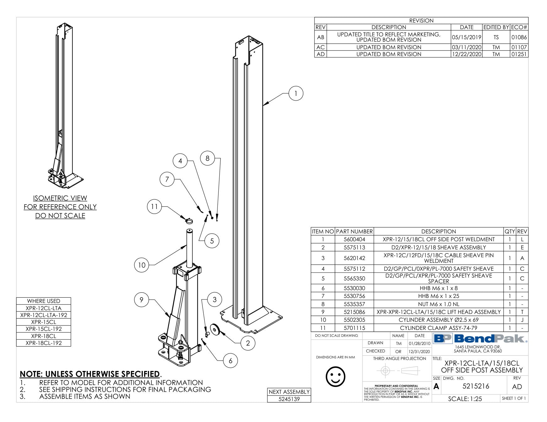 BendPak XPR-12CL-LTA-192 parts diagram — Cable Sheave Pin Weldmen, D2-12/15,  XPR-12C / 12FD/ 15/ 18C is item 3 (XPR-12CL-LTA/15/18CL OFF SIDE POST ASSEMBLY)