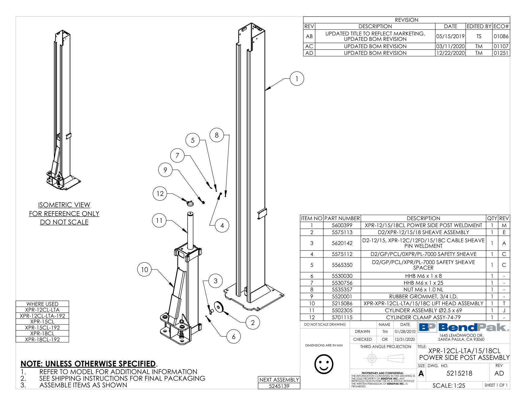 BendPak XPR-12CL-LTA-192 parts diagram — XPR-12/15/18CL Series Power Side Post Weldment is item 1 (XPR-12CL-LTA/15/18CL POWER SIDE POST ASSEMBLY)
