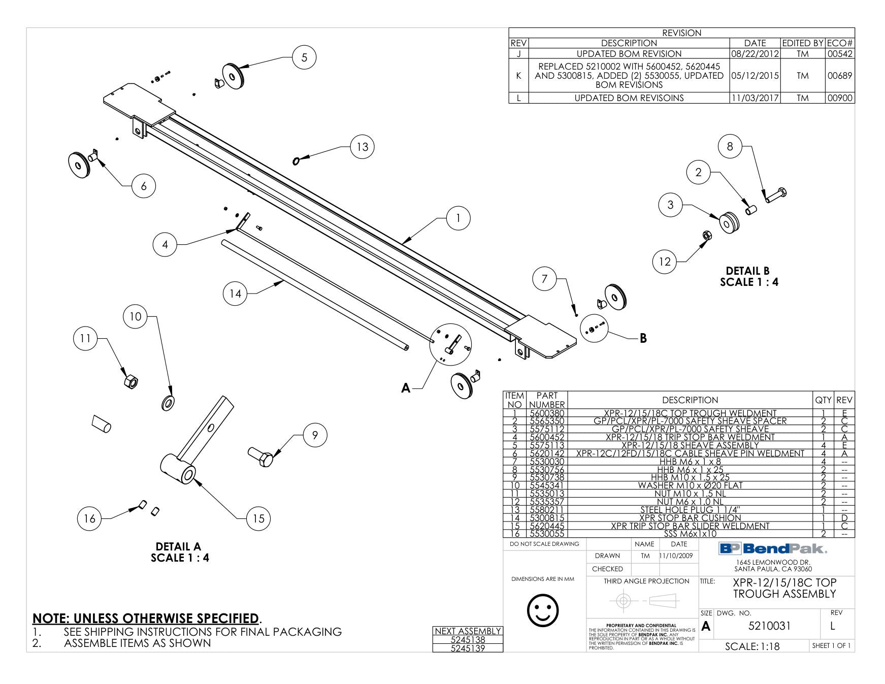 BendPak XPR-12CL-LTA-192 parts diagram — Top Trough Weldment; Xp/ is item 1 (XPR-12/15/18C TOP TROUGH ASSEMBLY)