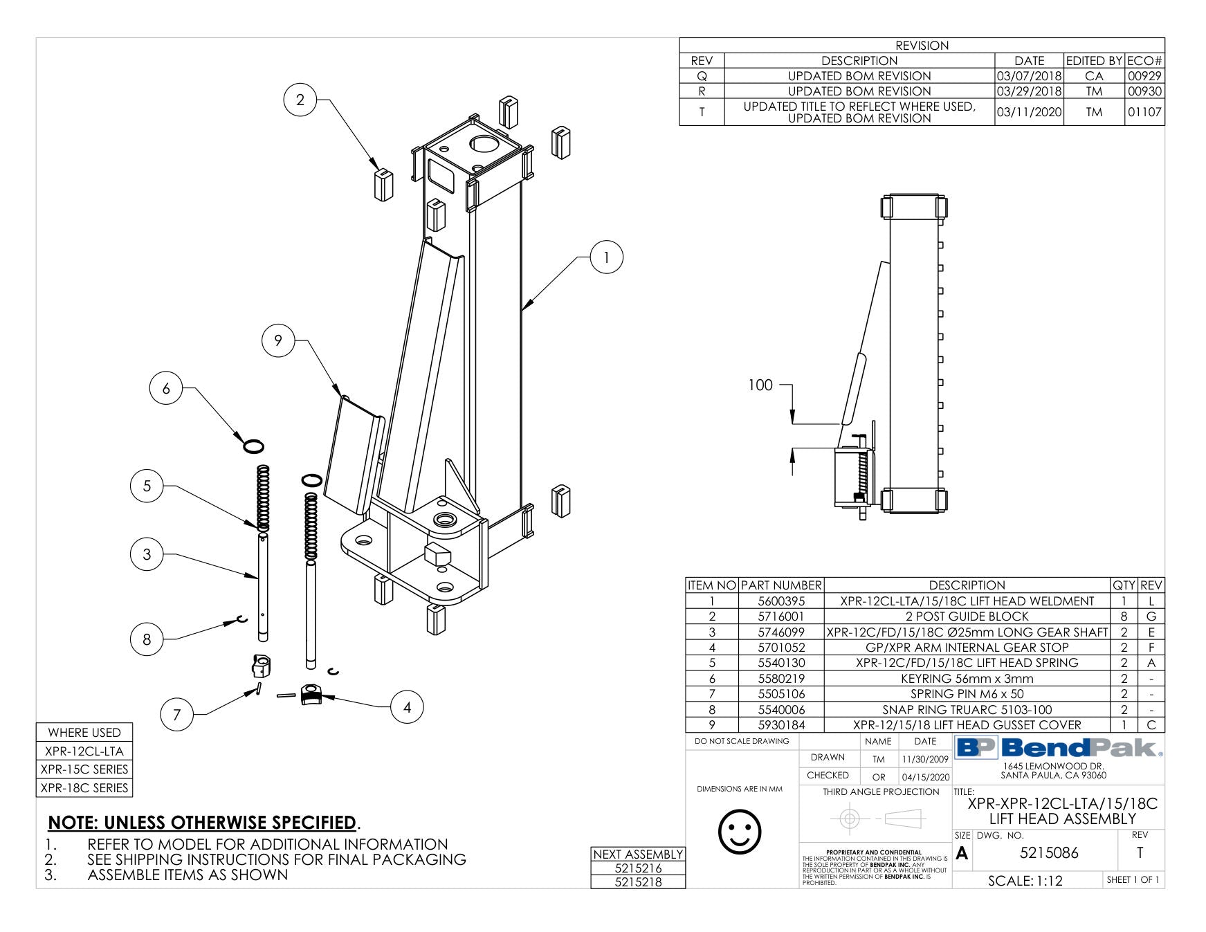 BendPak XPR-12CL-LTA-192 parts diagram — Lift Head Weldment XPR-12CL-LTA/ XPR-15C/ XPR-18C is item 1 (XPR-XPR-12CL-LTA/15/18C LIFT HEAD ASSEMBLY)