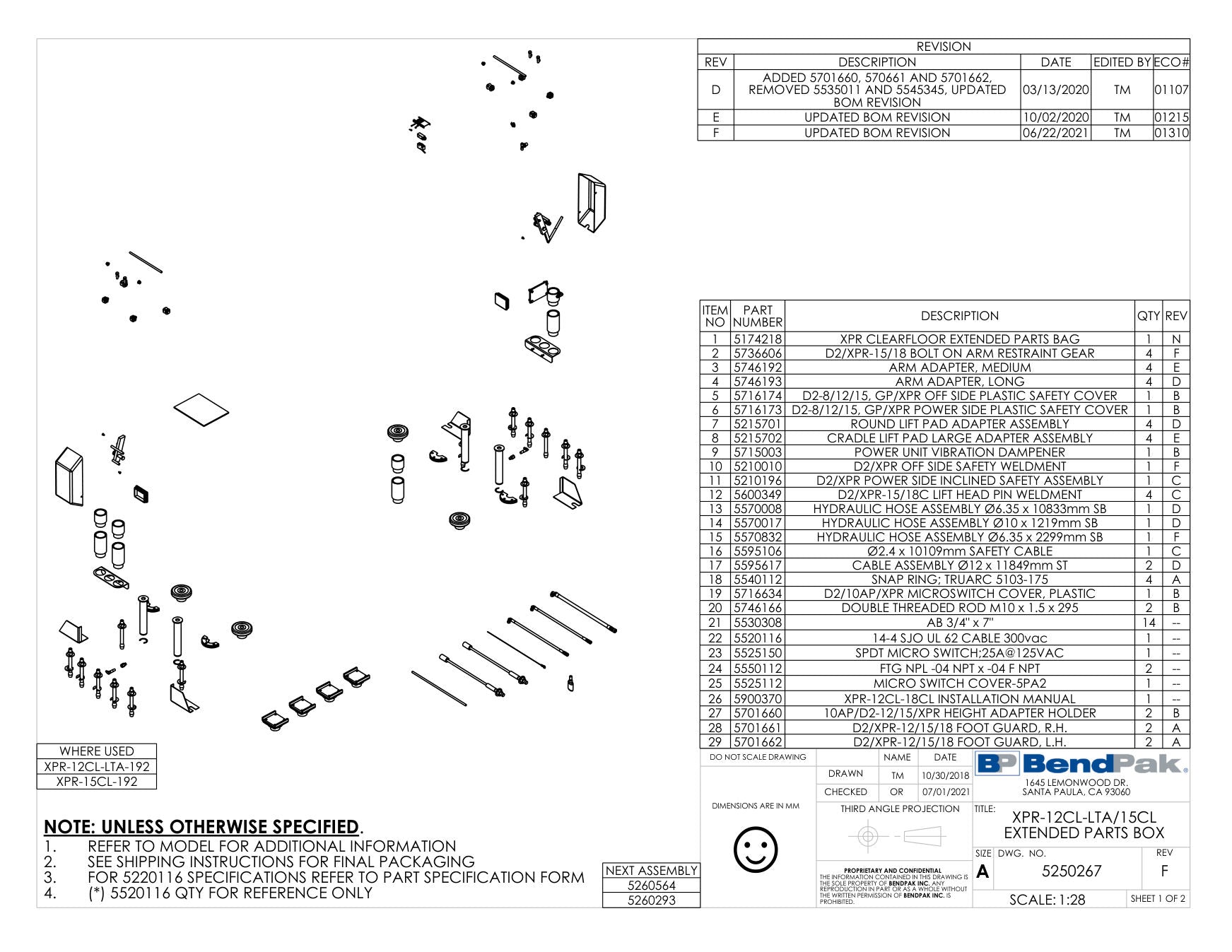 BendPak XPR-12CL-LTA-192 parts diagram — Ø2.4 X 10109MM Safety Cable is item 16 (XPR-12CL-LTA/15CL EXTENDED PARTS BOX)