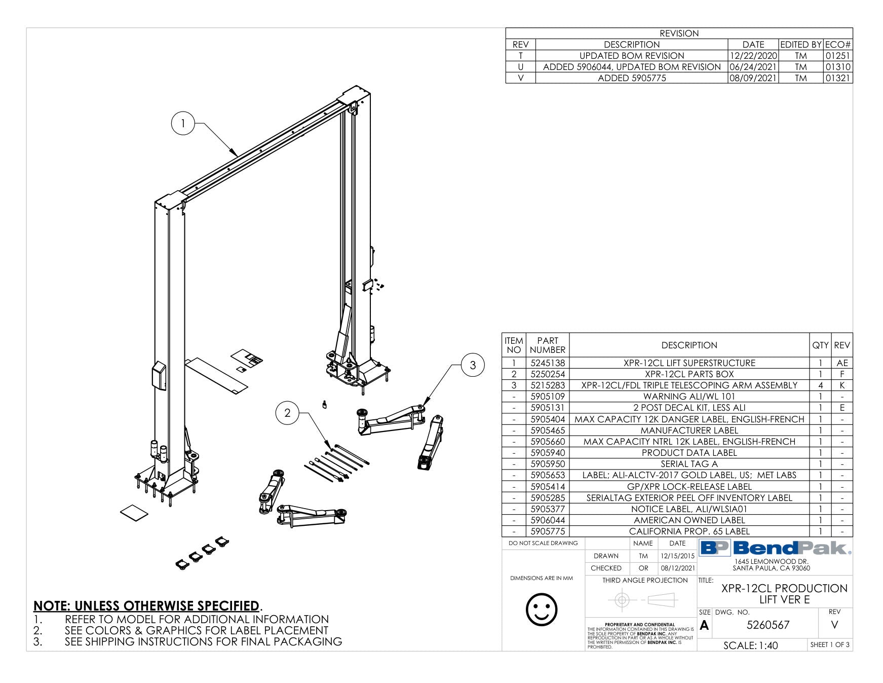 BendPak XPR-12CL parts diagram — Parts Box(es) Complete / XPR-12CL / Two Pkg. Set is item 2 (XPR-12CL PRODUCTION LIFT VER E)