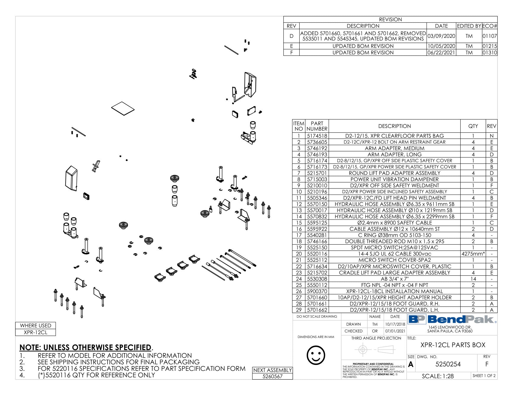 BendPak XPR-12CL parts diagram — Ø2.4MM X 8900MM Safety Cable is item 15 (XPR-12CL PARTS BOX)