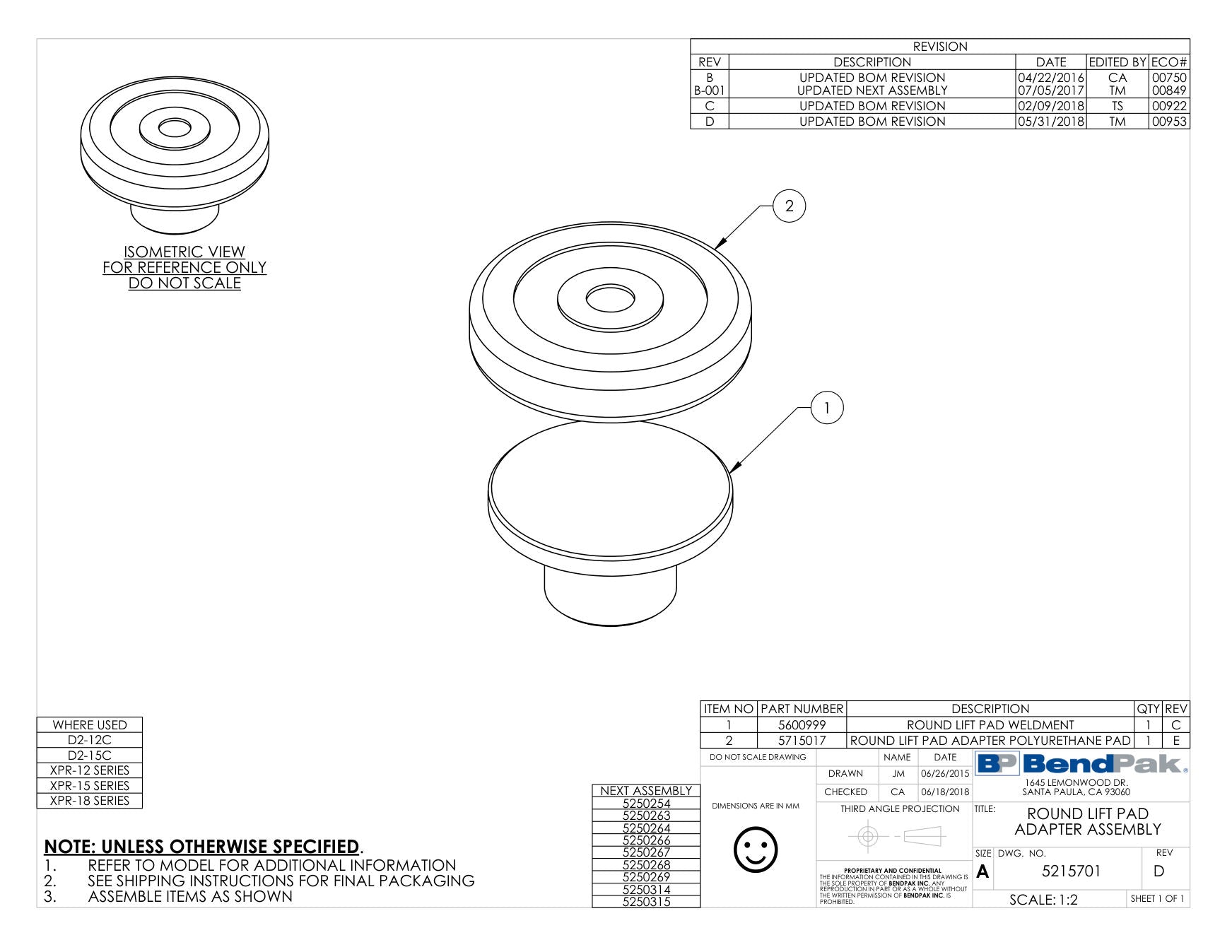 BendPak XPR-12CL parts diagram — this part is item 1 (ROUND LIFT PAD ADAPTER ASSEMBLY)