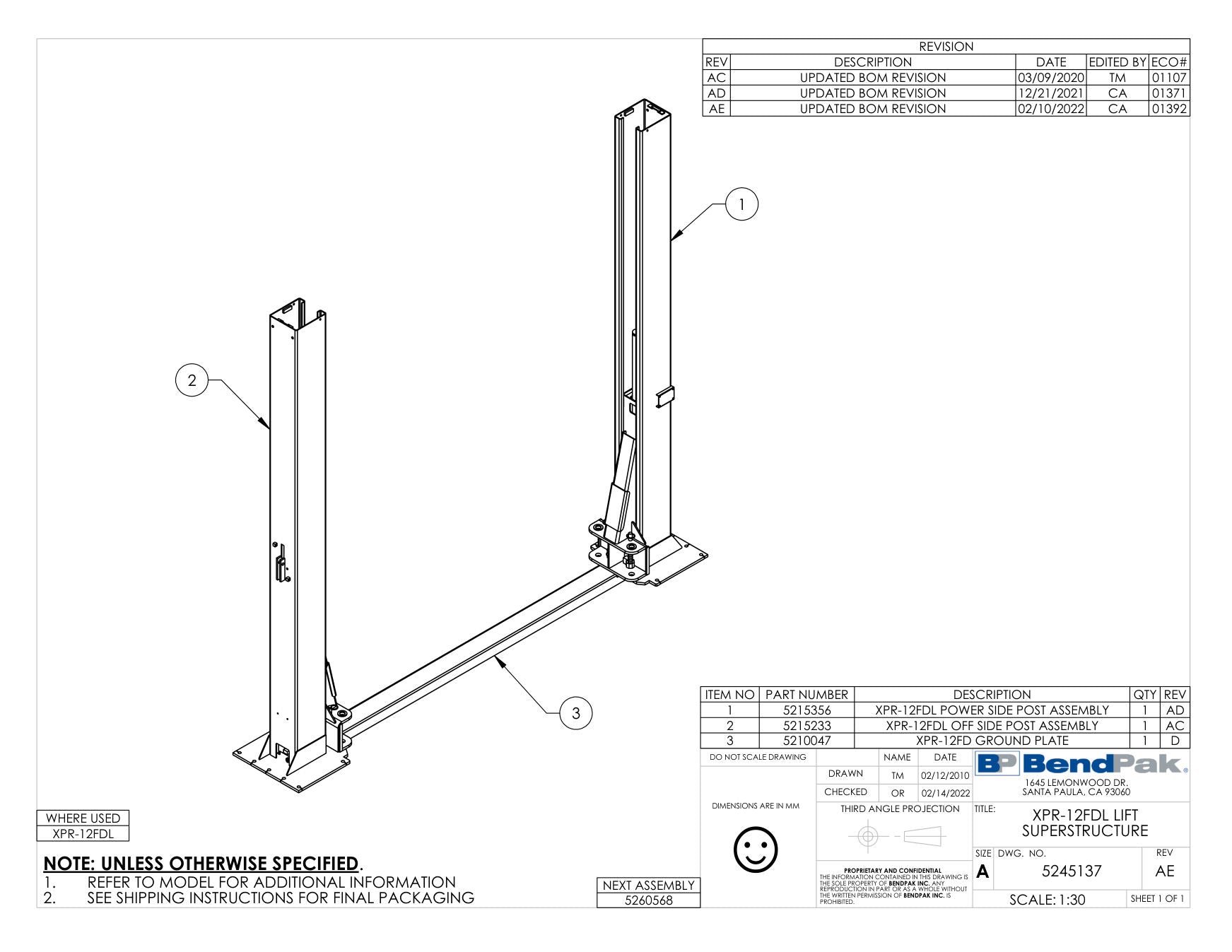 BendPak XPR-12FDL parts diagram — XPR-12FD Ground Plate is item 3 (XPR-12FDL LIFT SUPERSTRUCTURE)