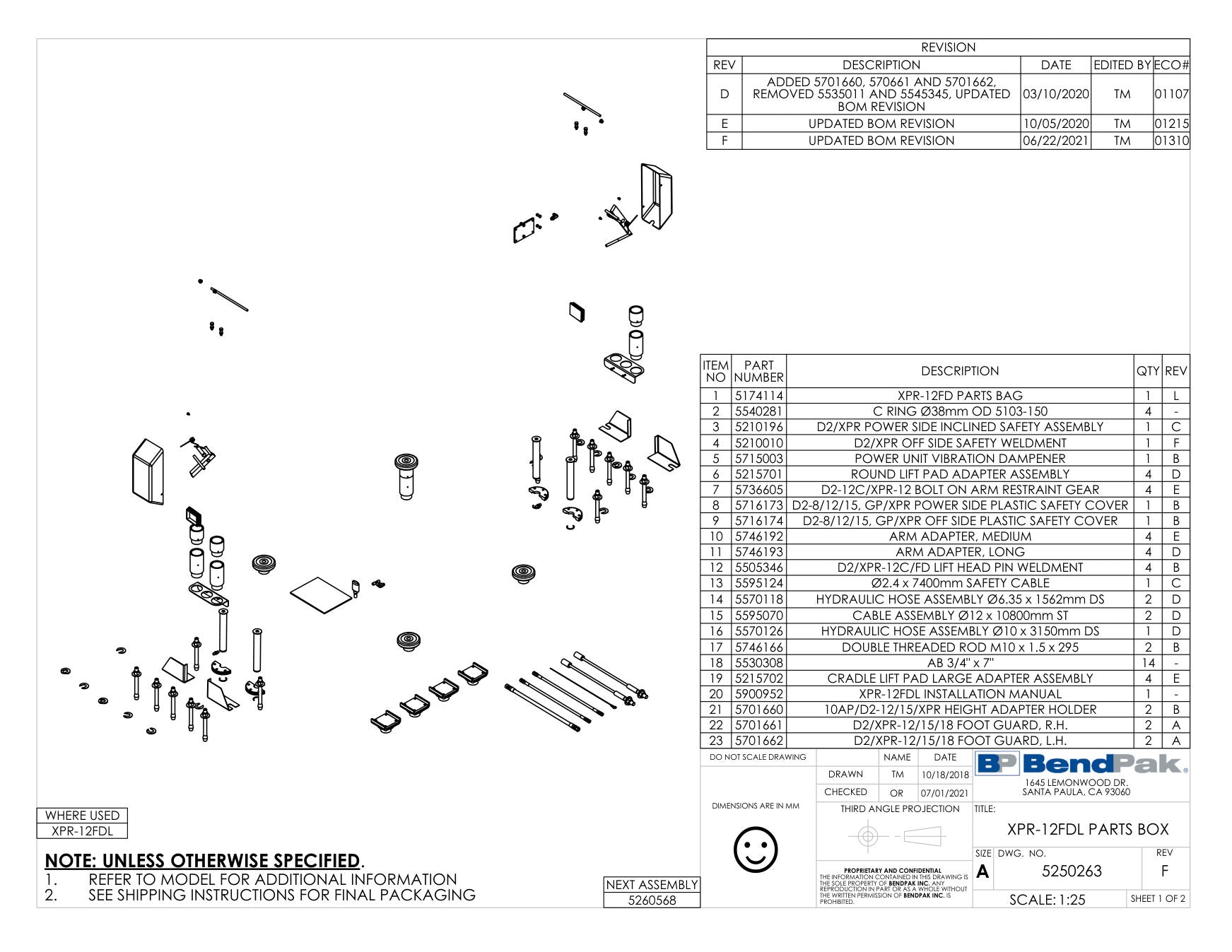 BendPak XPR-12FDL parts diagram — Hydraulic Hose Assembly Ø6.35 X 1562MM Ds is item 14 (XPR-12FDL PARTS BOX)