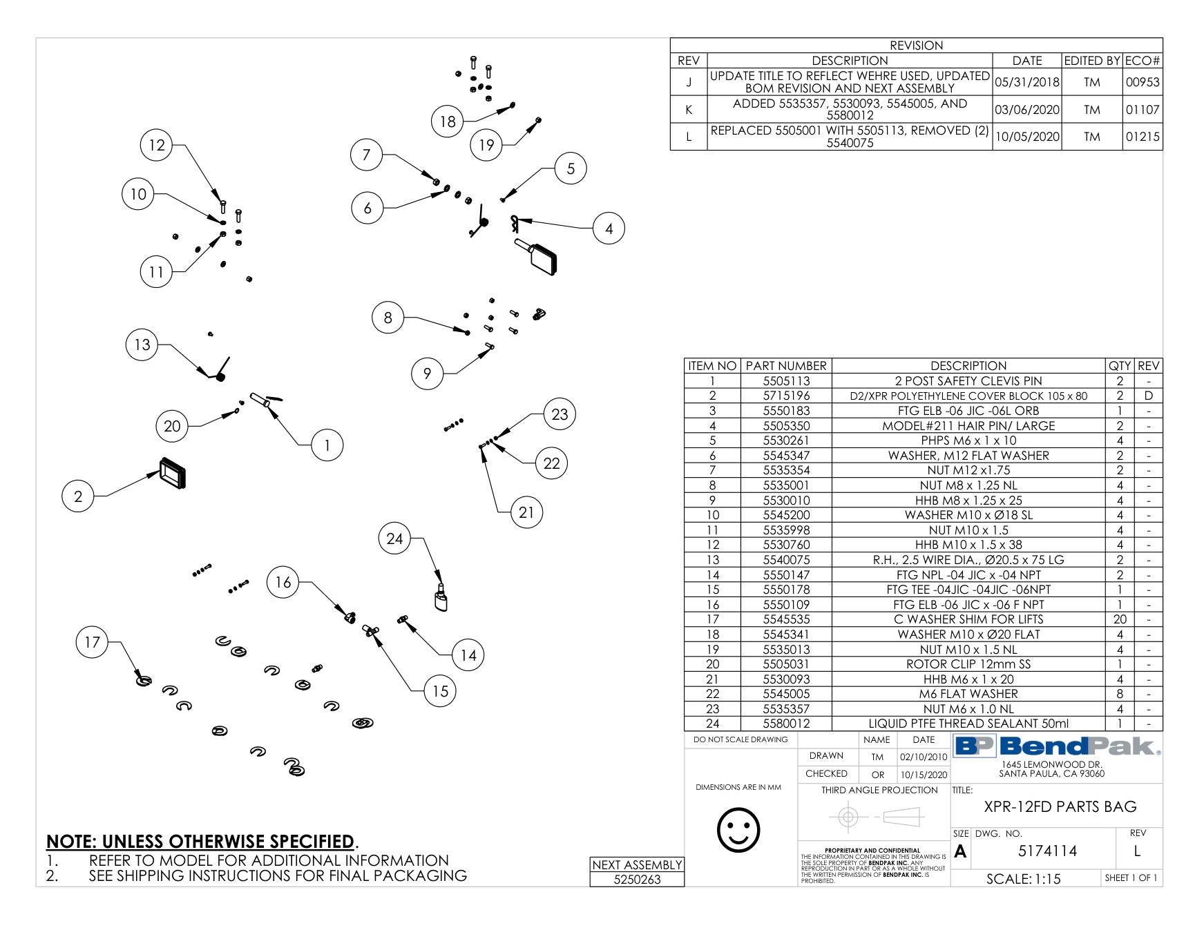 BendPak XPR-12FDL parts diagram — Tee Fitting -04JIC -04JIC -06NPT is item 15 (XPR-12FD PARTS BAG)