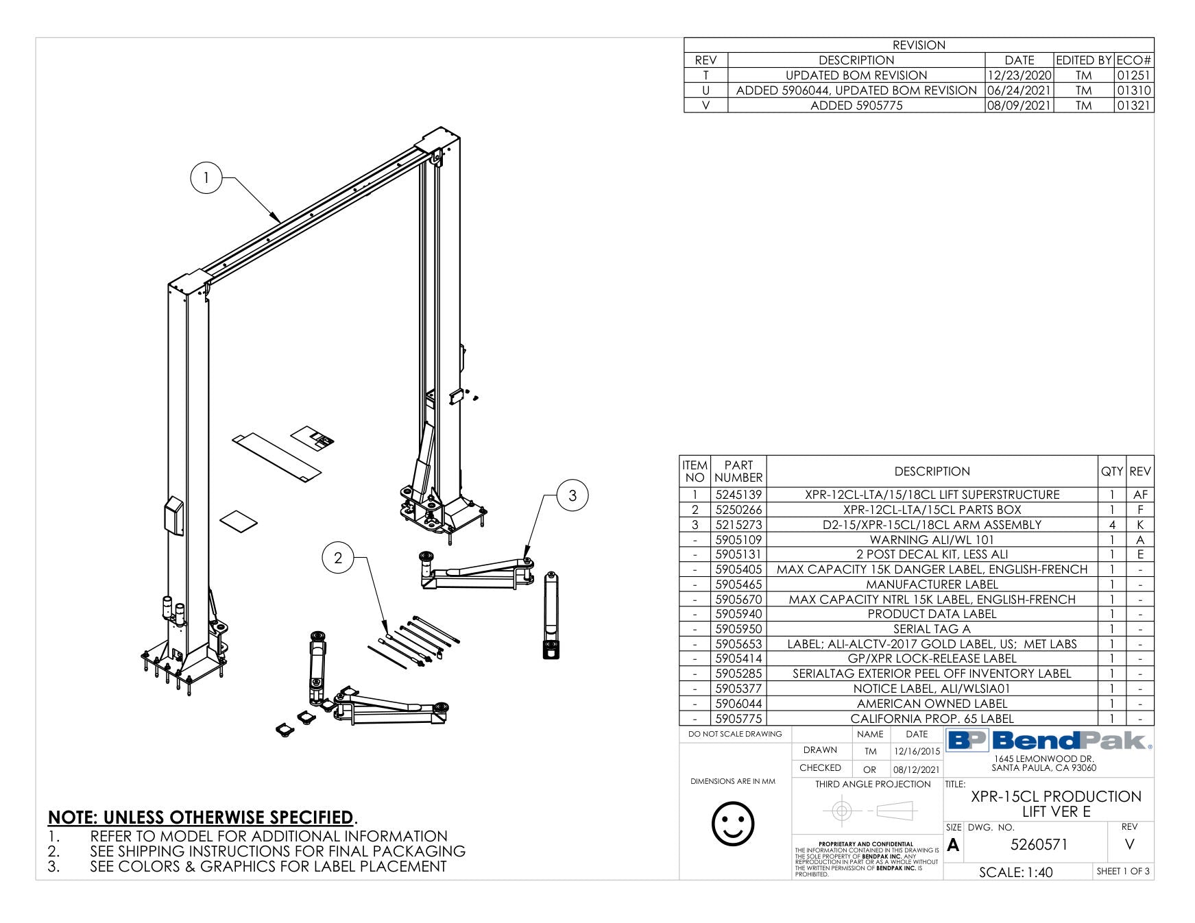 BendPak XPR-15CL parts diagram — XPR-15CL/18CL Series Arm Assembly is item 3 (XPR-15CL PRODUCTION LIFT VER E)
