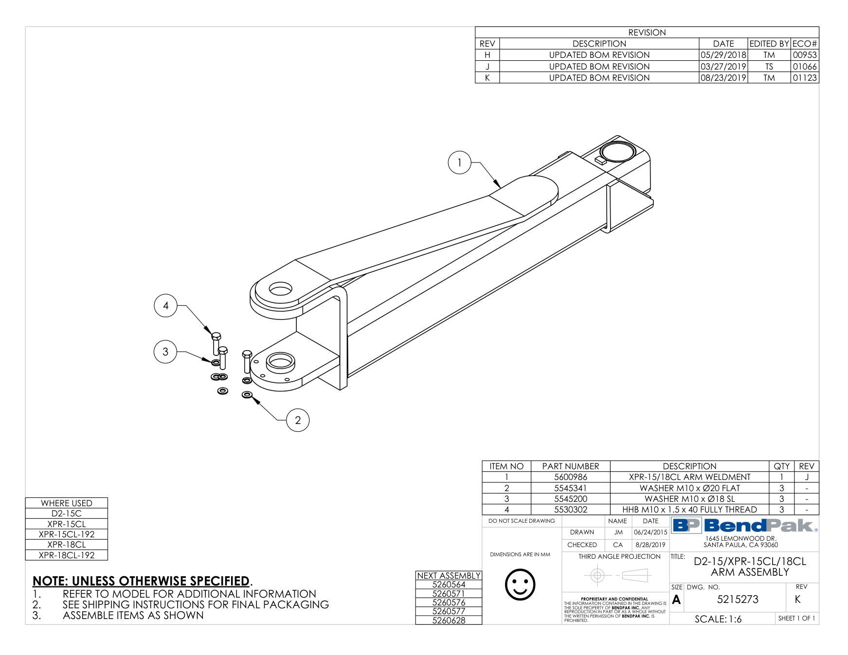 BendPak XPR-15CL parts diagram — XPR-15/18CL Arm Weldment is item 1 (D2-15/XPR-15CL/18CL ARM ASSEMBLY)